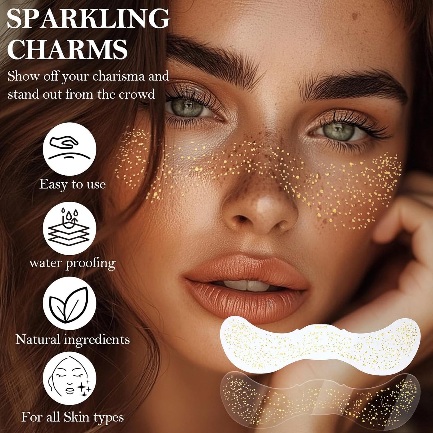 Glitter Pecas Cara Tatuaje, Tatuajes Temporales Pecas de Glitter para la Cara, 6pcs Gold Sparkle Pecas, Cara Glitter Parches de Maquillaje