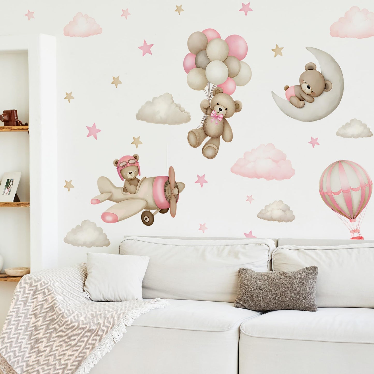 Calcomanías de pared de oso de peluche, diseño de oso de dibujos animados, globos de aire, estrella, luna, decoración de pared para habitación de niños, niñas y niños, habitación de bebé, decoración