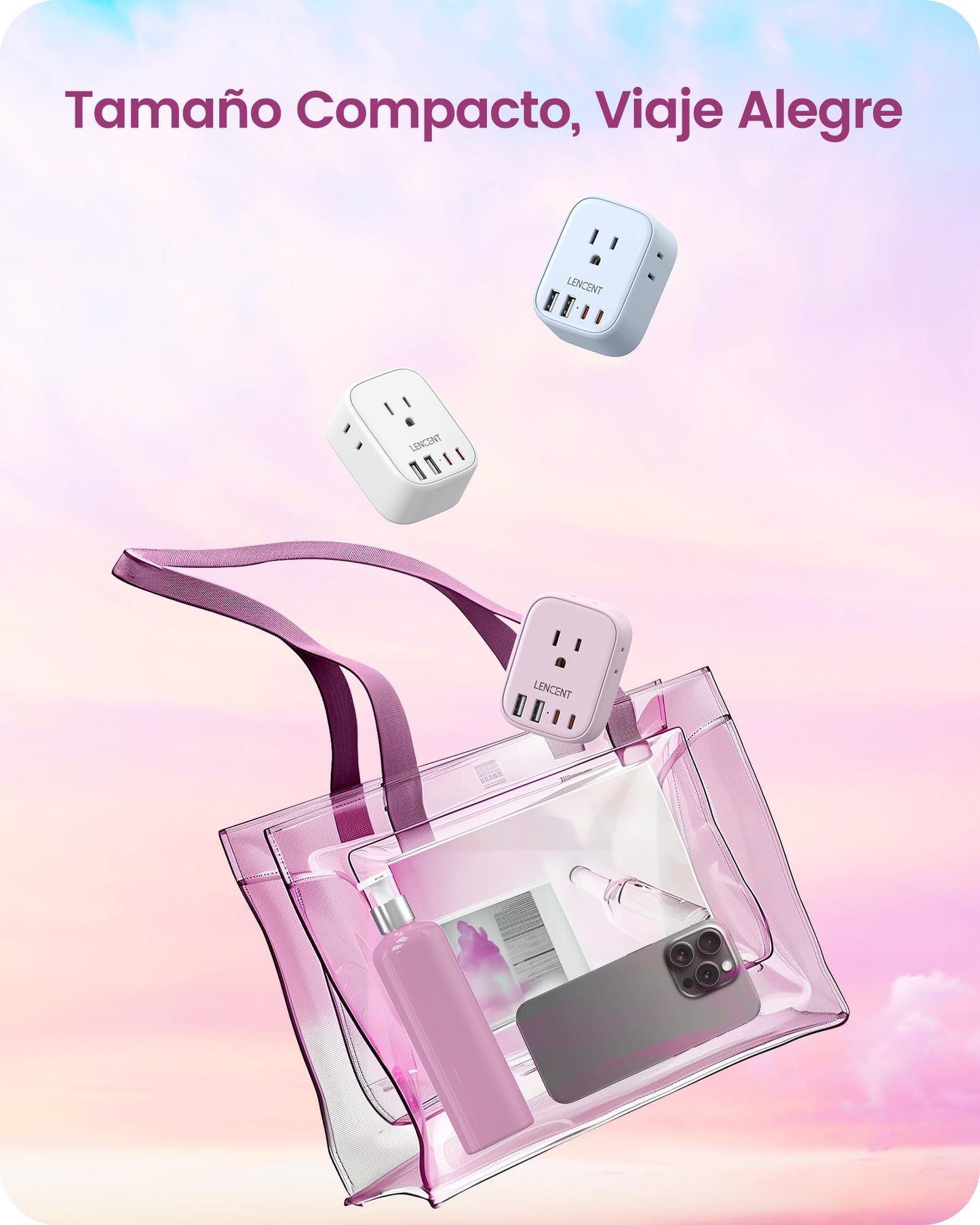 LENCENT Adaptador Europeo Plegable, Adaptador de Corriente con 4 Salidas y 4 Puertos USB (2USB C), Cargador Americano a Europeo para Alemania, España, Italia, Francia, Apto para Cruceros, Rosado