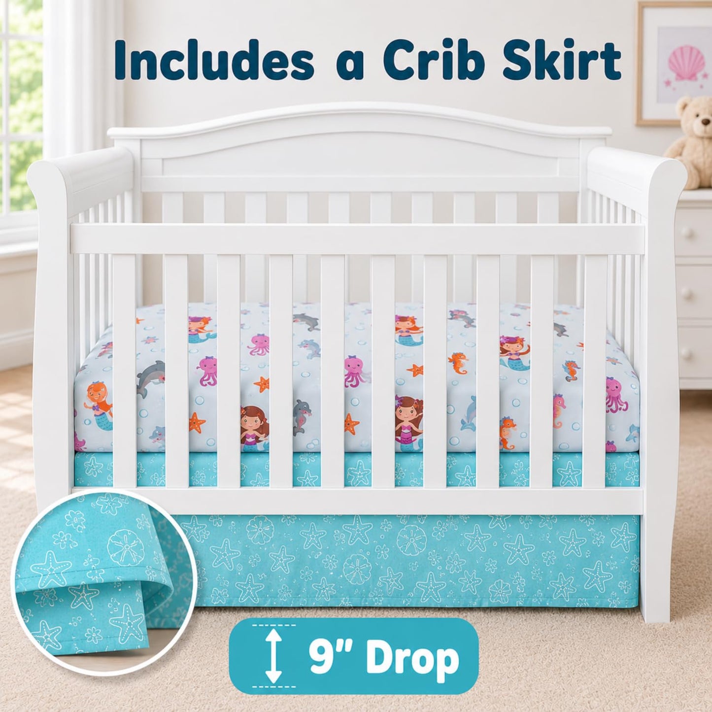 EVERYDAY KIDS Juego de ropa de cama de 3 piezas para cuna, diseño de sirena, incluye edredón, sábana bajera y volantes antipolvo, juego de cama para guardería, juego de cama para cuna de bebé