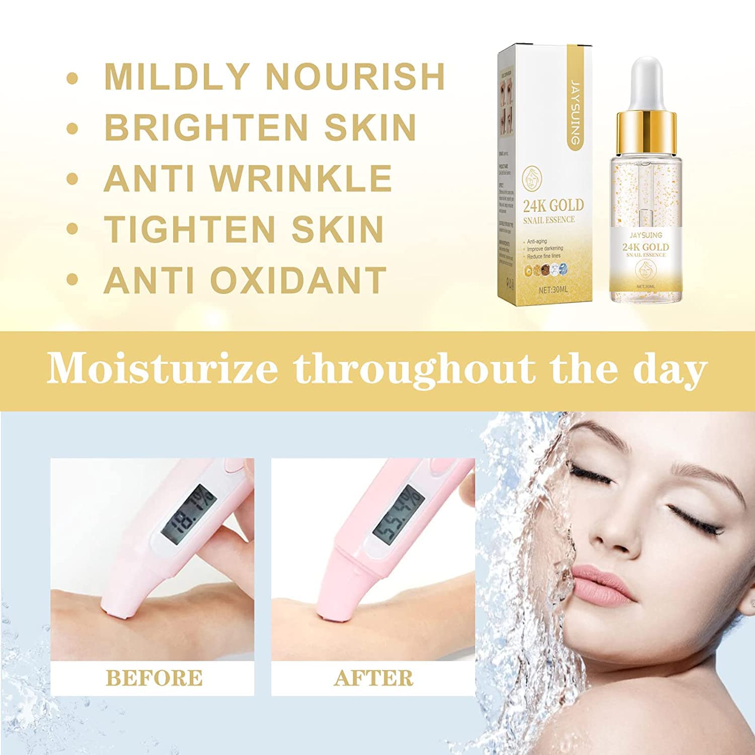 Suero Facial Antienvejecimiento de Oro 24K con Colágeno y Caracol - ¡Reduce arrugas y rejuvenece tu piel!