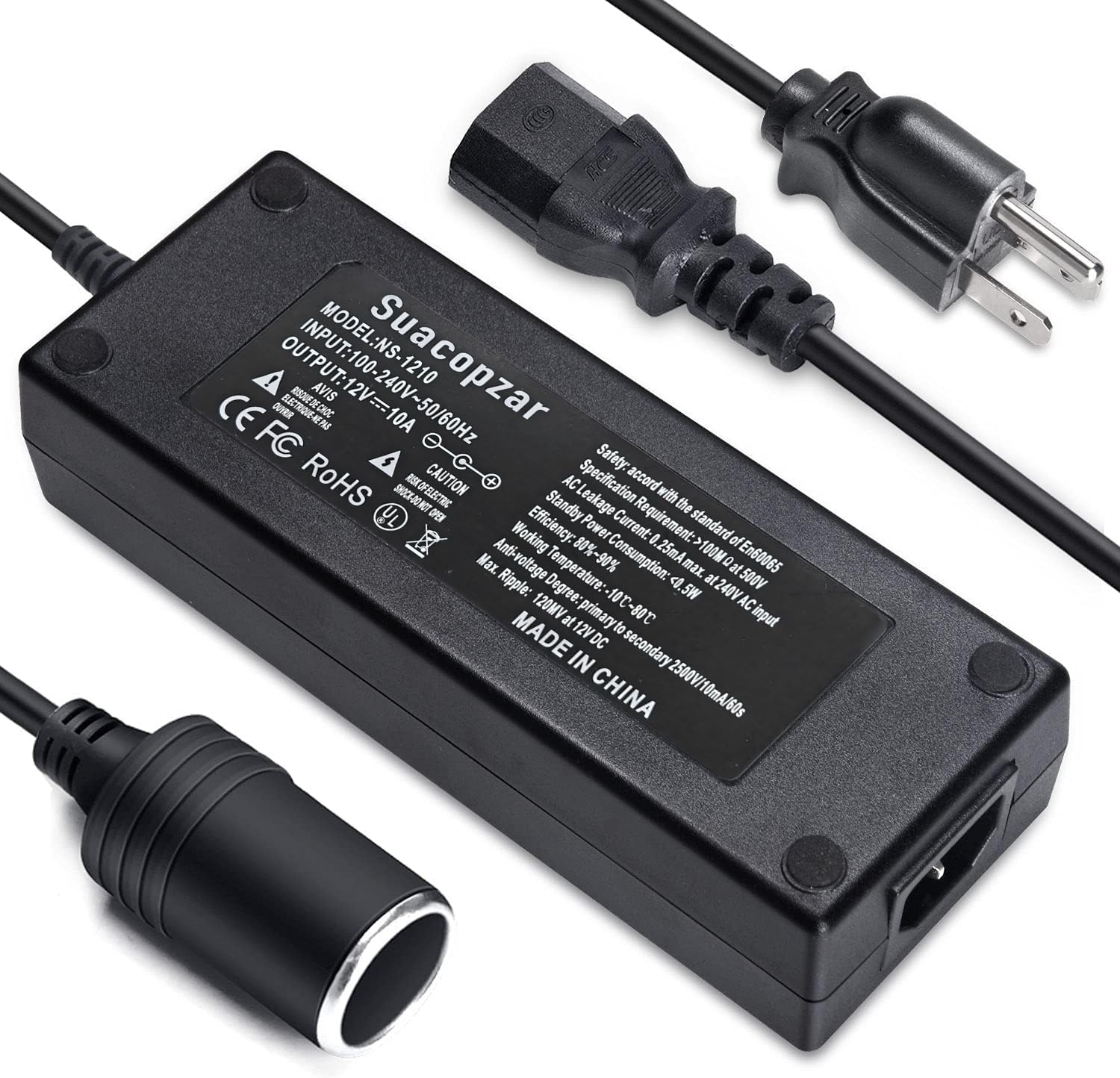 Convertidor Suacopzar 10 Pies Negro con Fuente de Alimentación de 110 V a 12 V para Coche