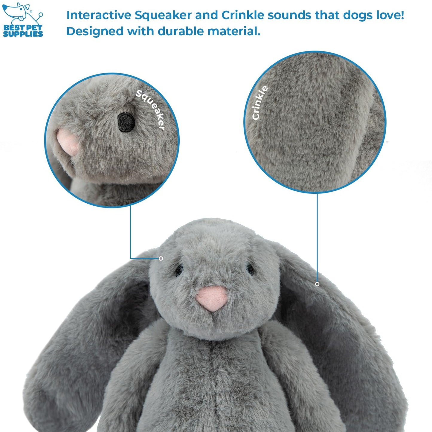 Best Pet Supplies - Juguete Interactivo de Conejito con enriquecimiento Arrugado y chirriante para Cachorros o Perros de Raza pequeña y Media, Lindo y Afelpado - Paquete de Conejito (Beige, Gris)
