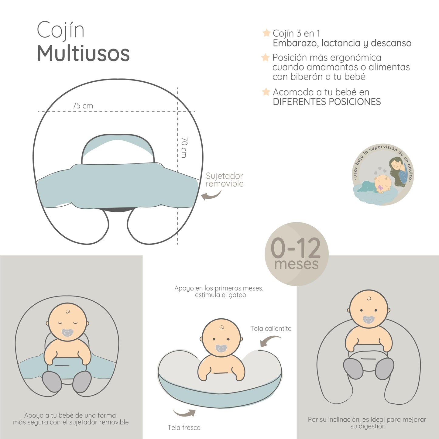 CHIQUI MUNDO Almohada de Lactancia Multiusos para Bebé Posicionador para Embarazo Funda Doble Vista Removible 100% Microfibra (Incluye Sujetador).