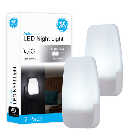 GE Luz De Noche Led Enchufable Sensor De Luz Blanco Frío Certificacion UL De Bajo Consumo Paquete De 2 Ideal Para Dormitorio Baño Guardería Pasillo Cocina Escaleras 55991