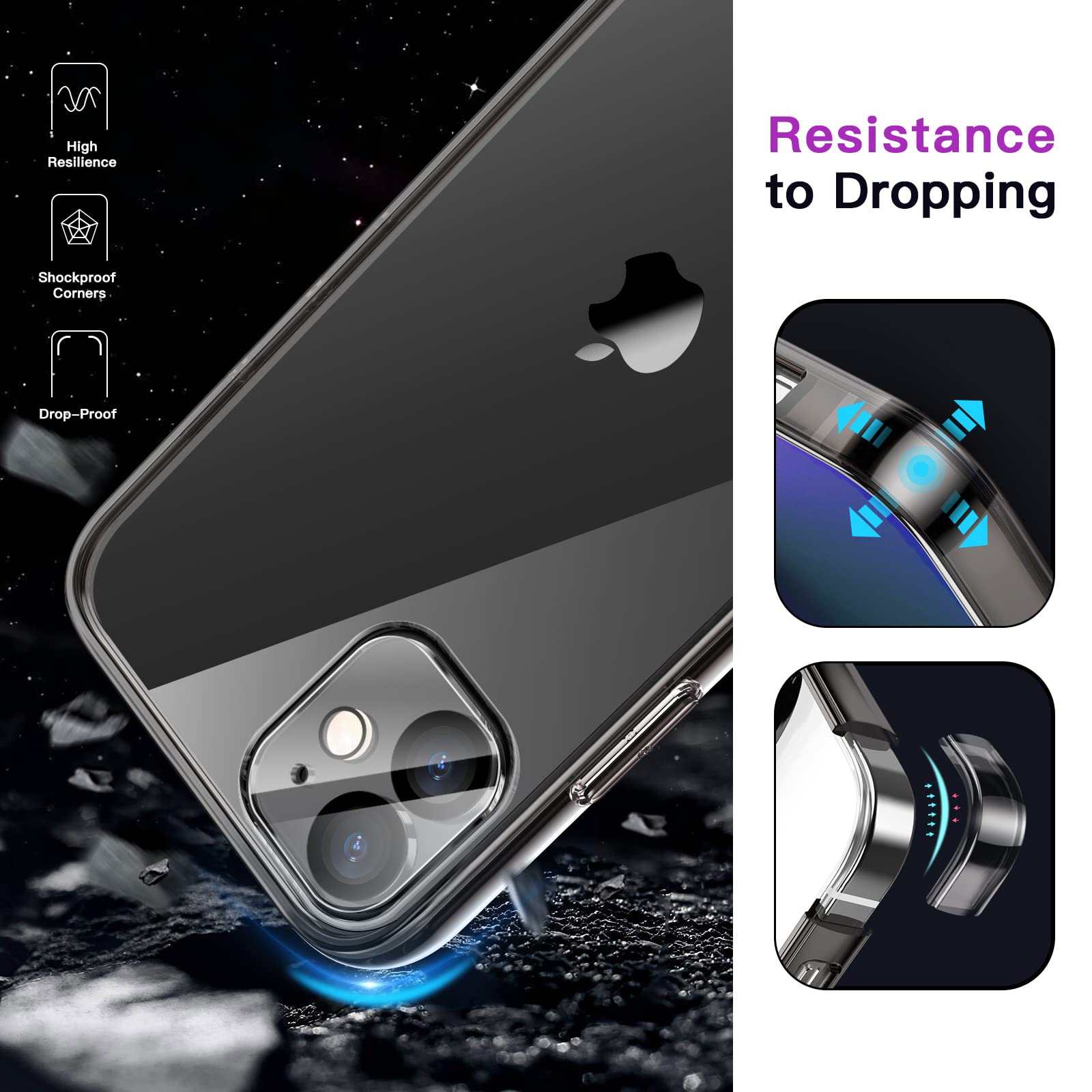 JETech 5 en 1 Funda para iPhone 12 Mini 5.4 Pulgadas con 2 Protector Pantalla y 2 Protector Lente Cámara, Mica Cristal Vidrio Templado Cobertura Completa, Carcasa Antigolpes (Negro)