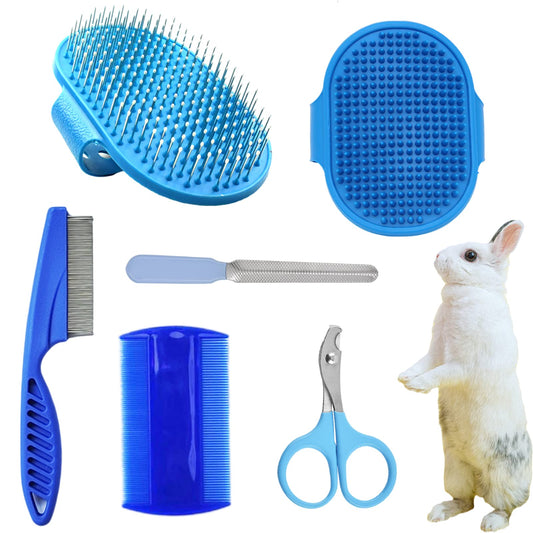 Kit de 6 piezas de aseo para conejos, cepillo de aseo de conejos, removedor de pelo de mascotas, cepillo de baño de doble cara, peine para mascotas, cortaúñas de mascotas y recortador para conejos, hámsteres, conejitos y cobayas, azul