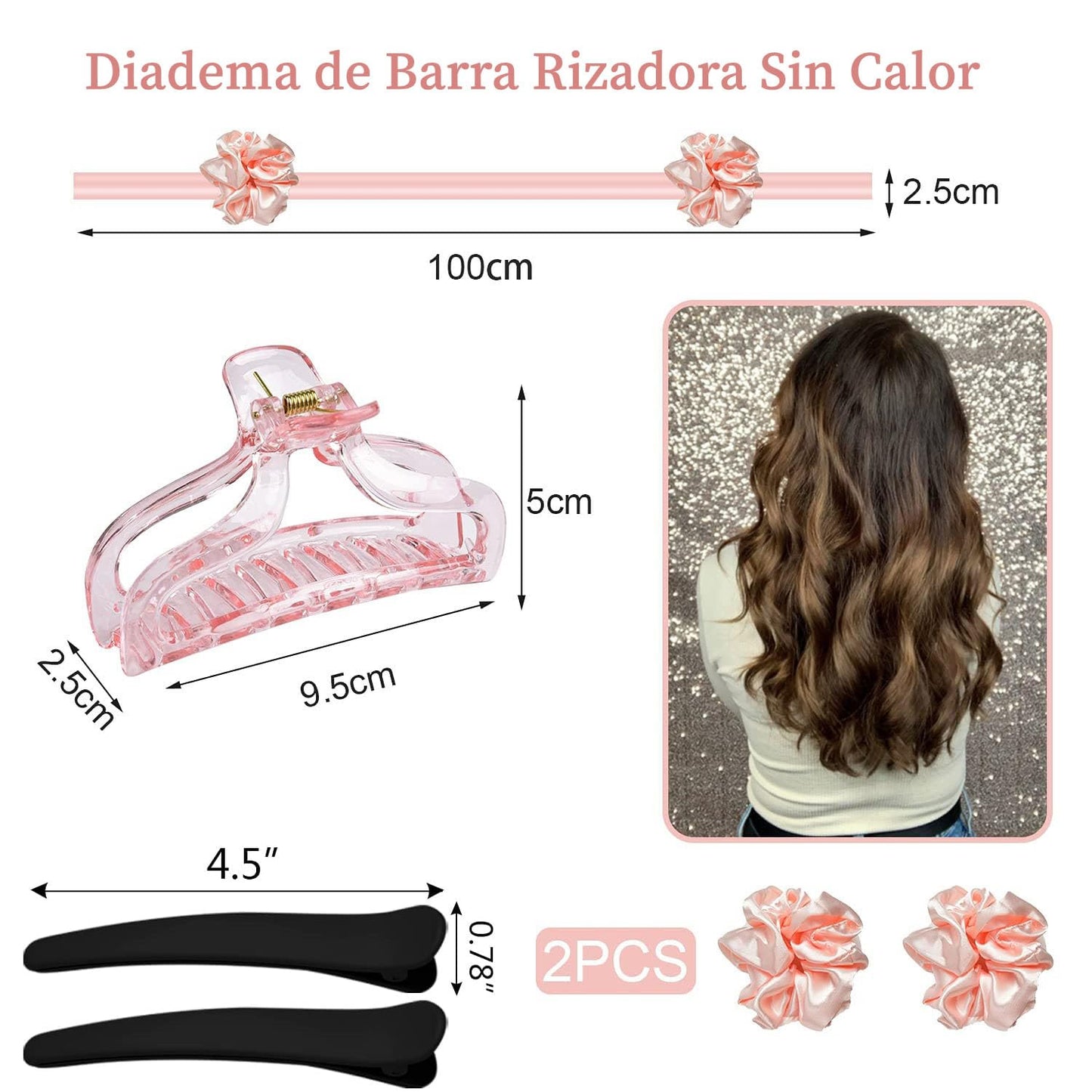 Rizador Pelo Sin Calor, Rulos Flexibles para Rizar Pelo Ondas, con Pinzas para el Cabello y Coletero, Kit de Herramientas de Peinado de Pelo de Seda Suave, Sin Daños, Sin Calor - Rosa