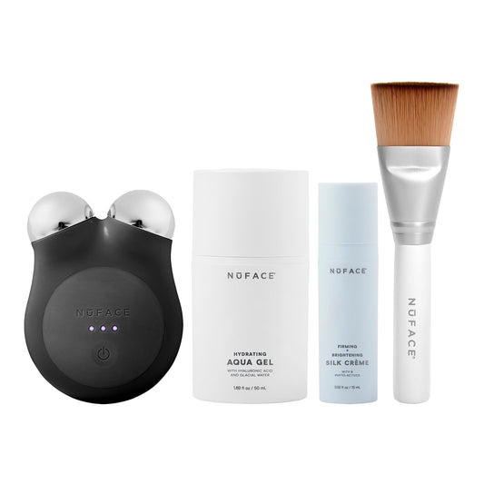 NUFACE | Skin Care Mujer Kit de Inicio MINI+ | Dispositivo Portátil Microcorriente Facial Negro + 2 Serum y Brocha | Gel Conductor Facial Hidratante Facial con Acido Hialuronico | Skincare Kit