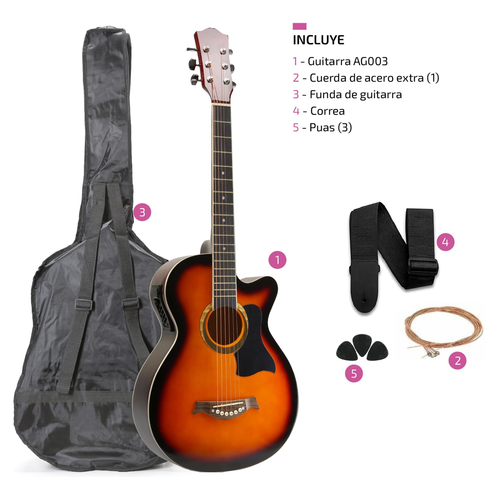 FEMMTO Guitarra Electroacústica con Bolso + Cinta + Púas + Cuerdas extras (Naranja)