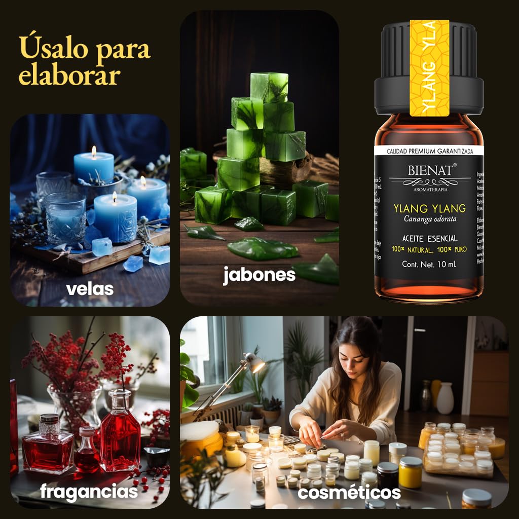 BIENAT AROMATERAPIA Aceite Esencial de Ylang Ylang 10mL | 100% Puro y Concentrado | Ideal para Difusor de Aromas, Humidificador, Aromaterapia, Masajes, Meditación, Jabones y Velas | Esencia Natural en Gotas