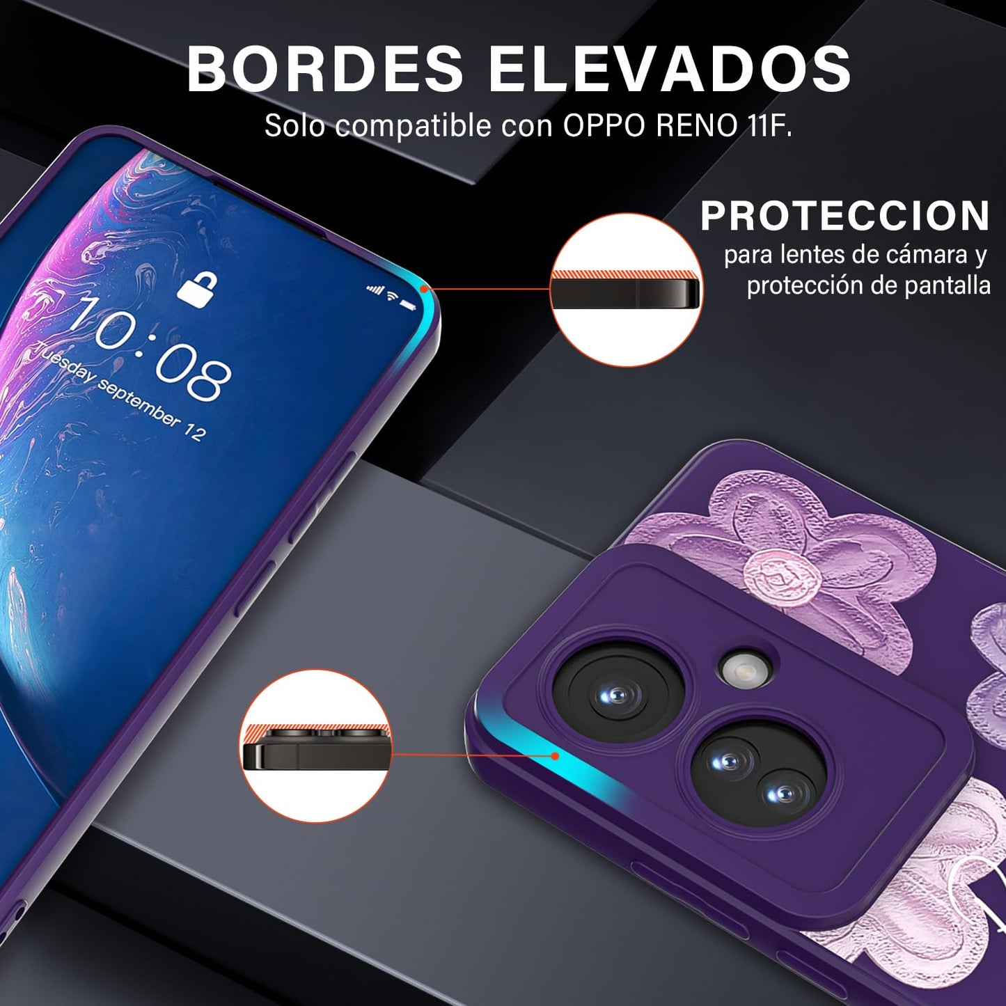 Threehao Funda para OPPO Reno 11F Case Uso Rudo, Ultra Delgado Flexible Púrpura Suave TPU Silicona Carcasa con Moda Aesthetic Dibujos Flores, Antigolpes Anti-arañazos Protectora