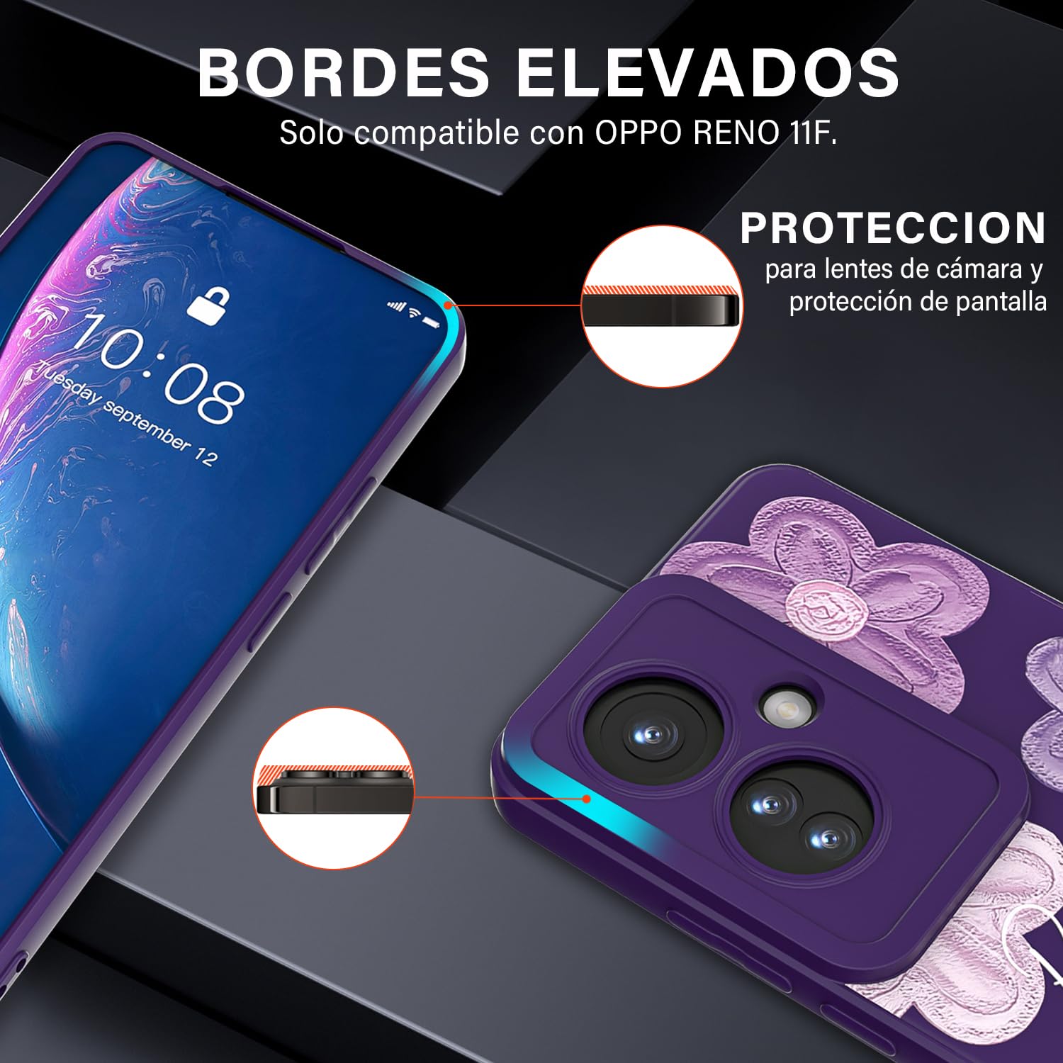 Threehao Funda para OPPO Reno 11F Case Uso Rudo, Ultra Delgado Flexible Púrpura Suave TPU Silicona Carcasa con Moda Aesthetic Dibujos Flores, Antigolpes Anti-arañazos Protectora