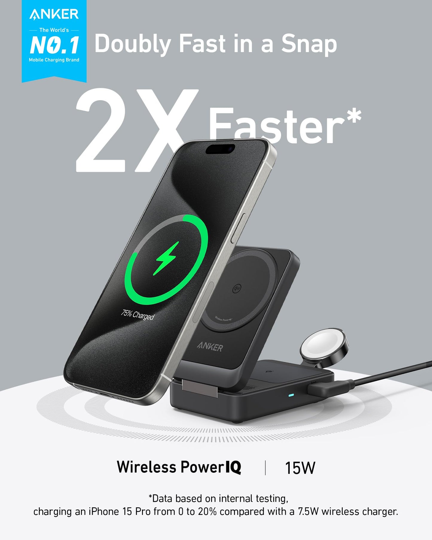 Estación de Carga Inalámbrica Anker MagGo Blanca con Cargador MagSafe de 15 W para iPhone 15/14, AirPods y Apple Watch S9