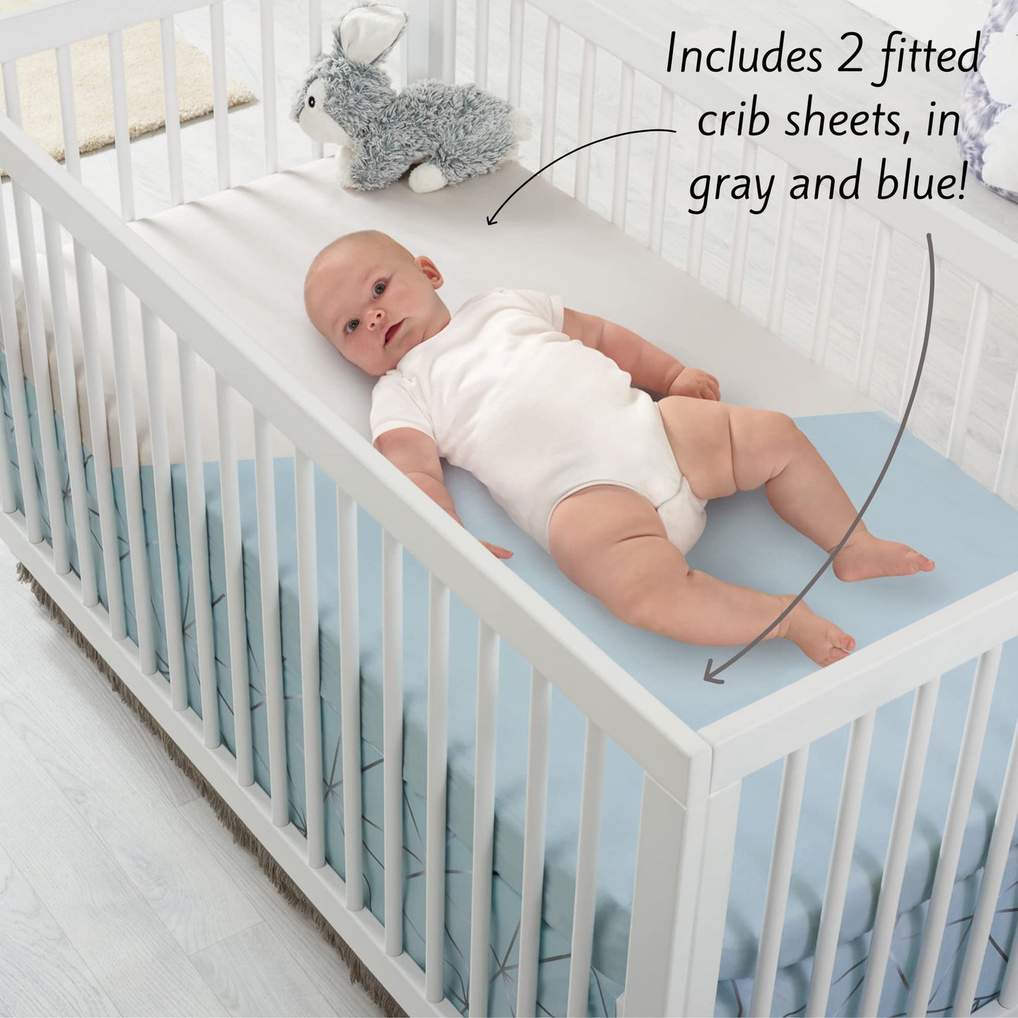 OBERLUX Juego de ropa de cama de cuna para niños | Juego de cama de cuna de 4 piezas | Patrones geométricos, plata brillante, estampado azul bebé y mármol | Precious Collection