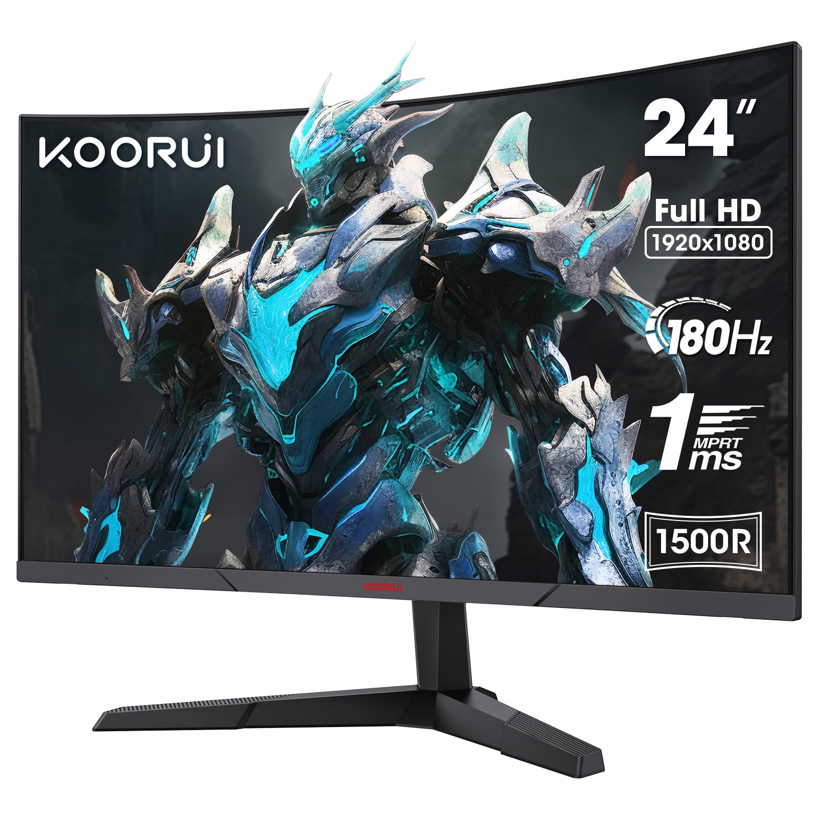 KOORUI Monitor de computadora Curvado de 24 Pulgadas, 180Hz FHD 1080P, visualización de 1 ms, 1500R VA, sincronización adaptativa, FreeSync Premium, HDR10, HDMI2.0X2 y DP1.2, Compatible con VESA