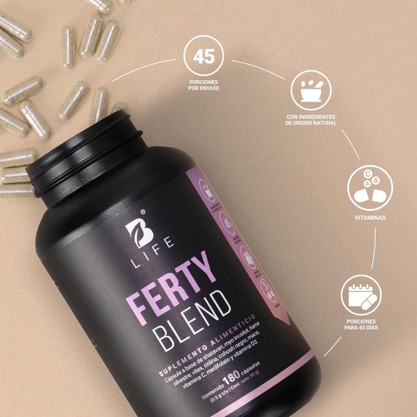 Complejo de Myo Inositol y Shatavari | Fertilidad | 180 Cápsulas| 1000 mg por porción. Adicionado con Ñame Silvestre, Maca, Vitex. Ingredientes Naturales. Ferty Blend B Life.