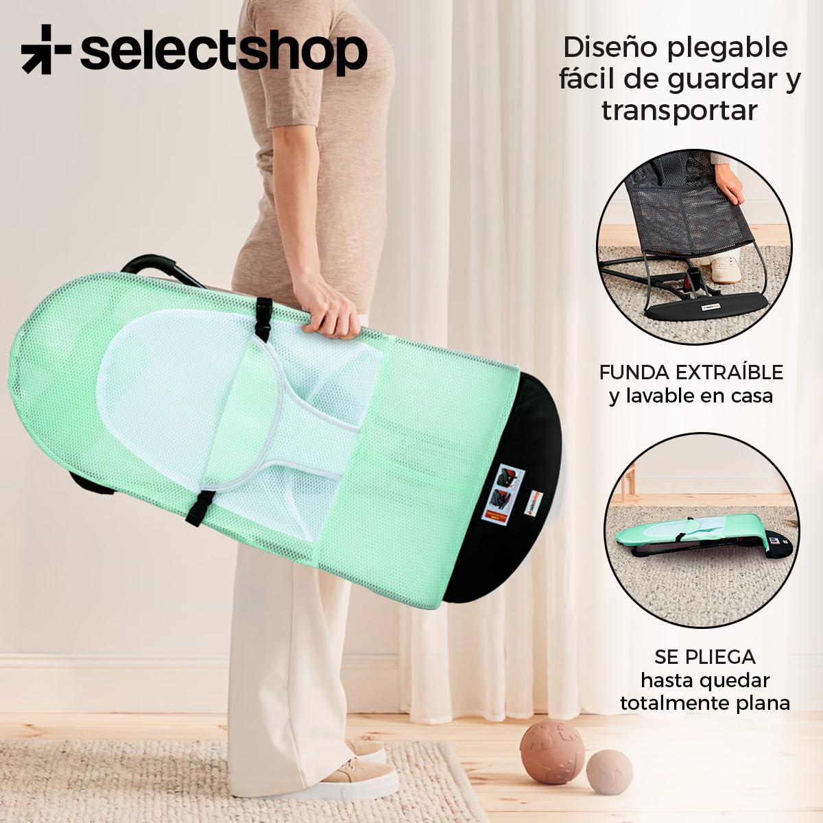 Silla Mecedora Portátil SELECTSHOP Verde con Asiento Transpirable y Cómodo para Bebé