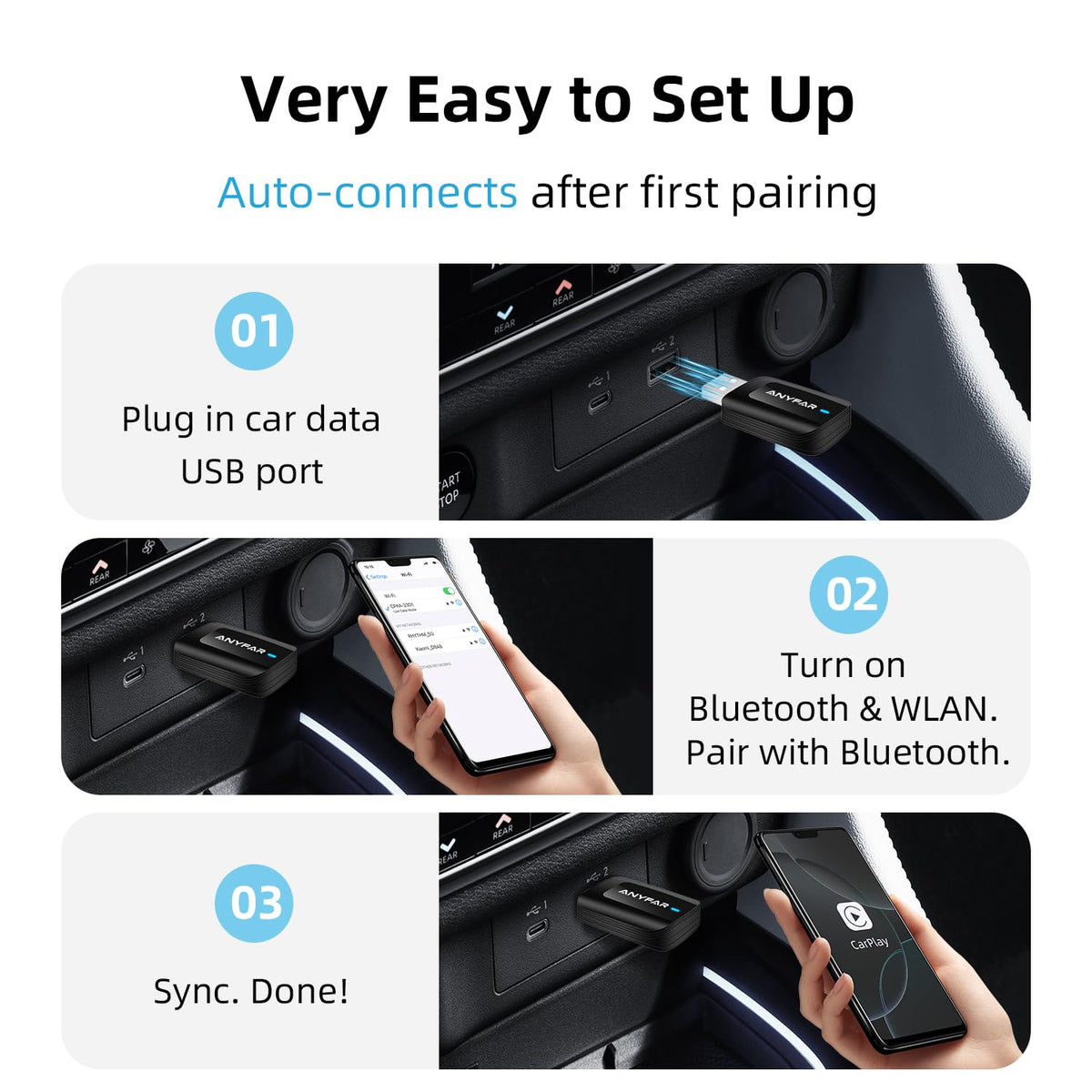 Adaptador Automático Inalámbrico ANYFAR C5 CarPlay y Android 2 en 1