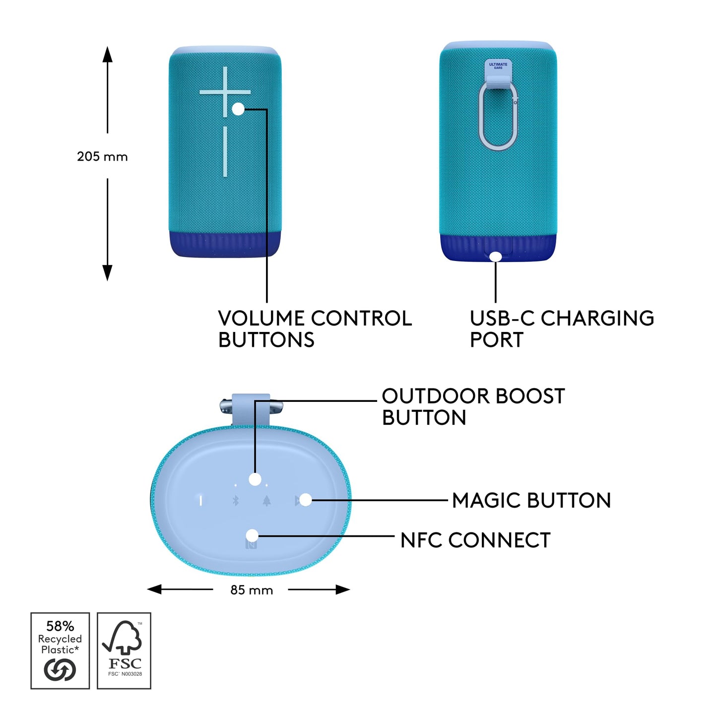 Ultimate Ears EVERBOOM - Altavoz Bluetooth inalámbrico portátil flotable resistente al agua IP67, hasta 20 horas de batería y rango de 180 pies (55 m) - Azul Cobalto (Renovado)