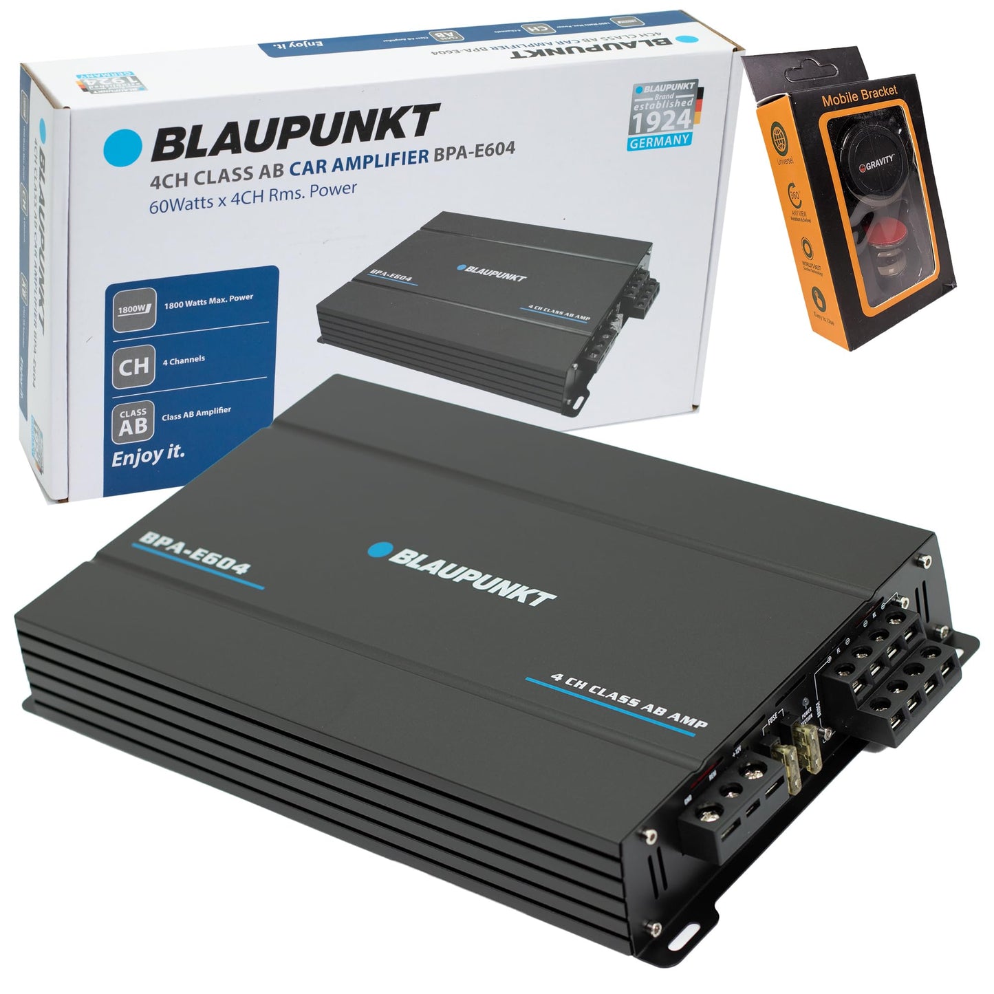 Blaupunkt BPA-E604 Amplificador de coche AB de 4 canales de clase AB de 1800 W máximo, de alta potencia, puente versátil, sonido cristalino, paquete de diseño elegante con soporte magnético de