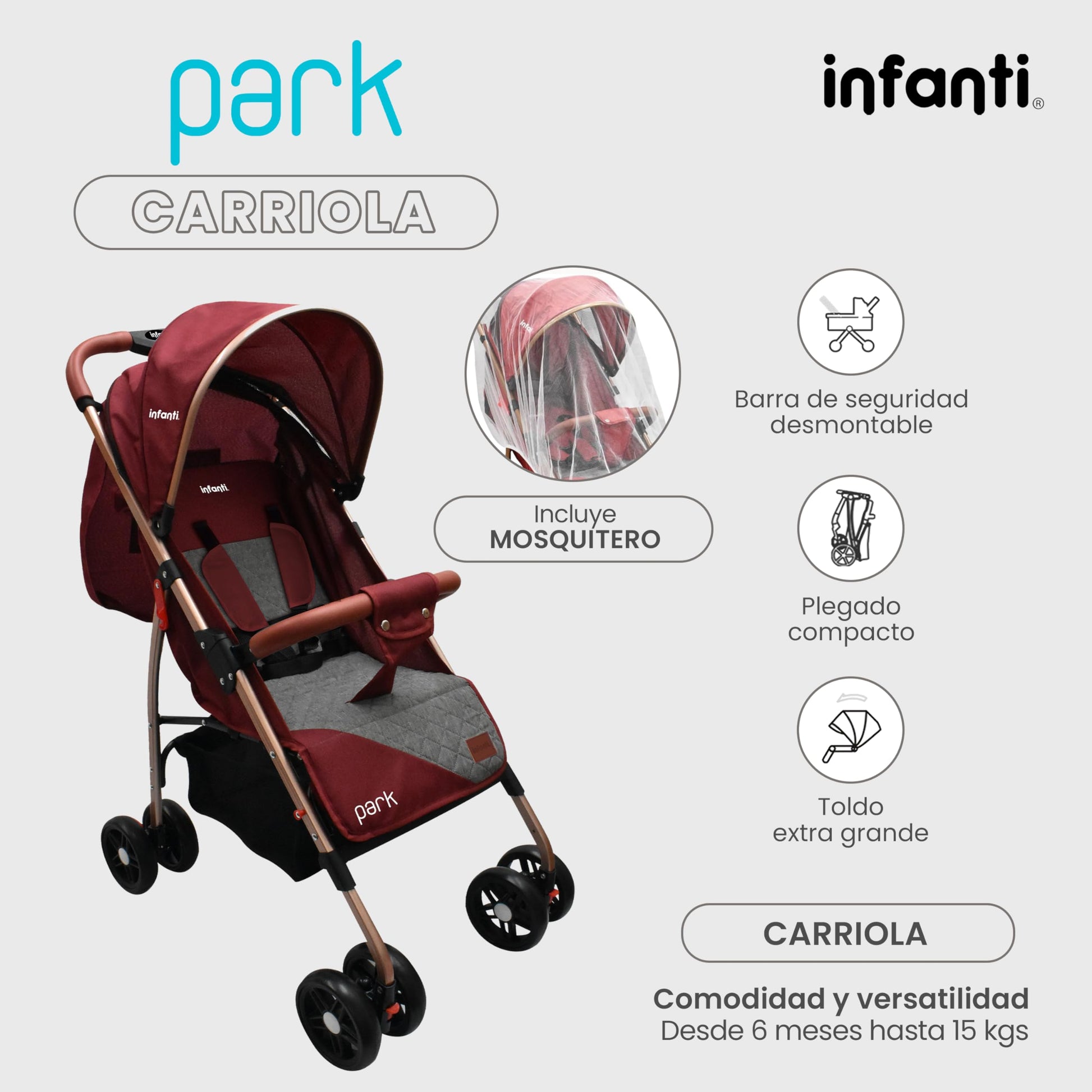 INFANTI | Carriola para Bebe con Mosquitero PARK | Carreola con Portabebé - Carriola de Viaje - Carrito para Bebe | Charola Barra de Seguridad Desmontable | Cosas para Bebes 6 Meses hasta 15 kg