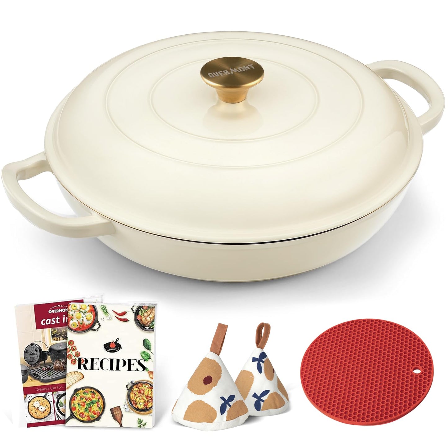 Overmont - Horno holandés de hierro fundido esmaltado - Olla de horno holandés de 3.8 cuartos con tapa, utensilios de cocina poco profundos, cacerola de hierro fundido con libro de cocina y tapas