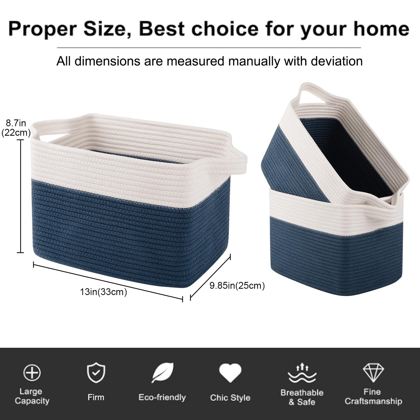OIAHOMY Cesta de almacenamiento, cestas tejidas para almacenamiento, cesta de cuerda de algodón para juguetes, cestas de toalla para baño, paquete de 3, azul y blanco