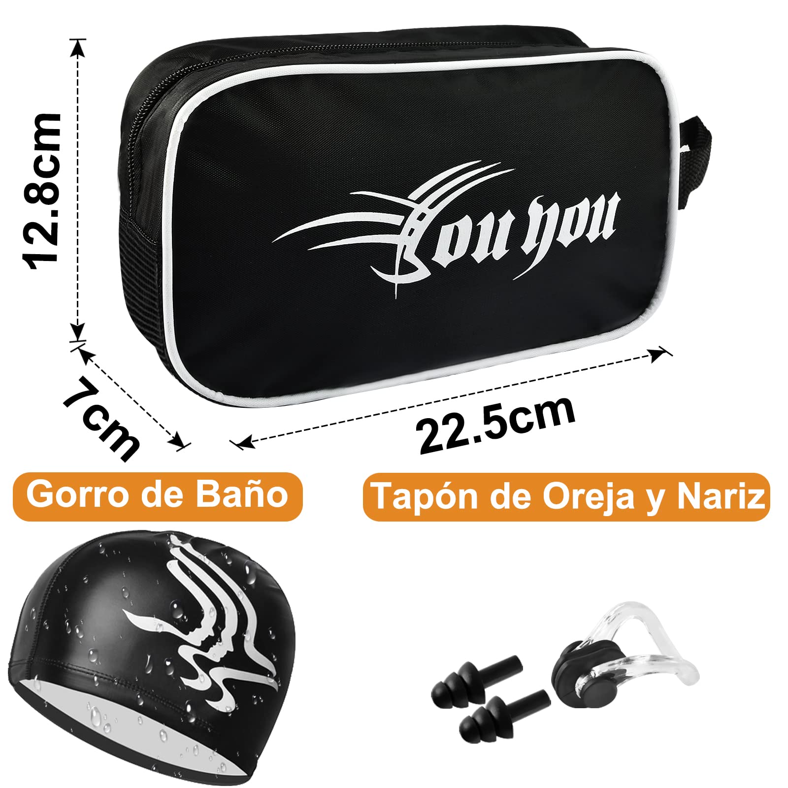 Gafas de Natación, Kit de Natación 5 en 1, Incluye Gafas de Natación, Gorro de Natación, Auriculares y Clips para la Nariz, Bolsa de Natación, Adecuado para Hombres y Mujeres Adultos y Niños Negro