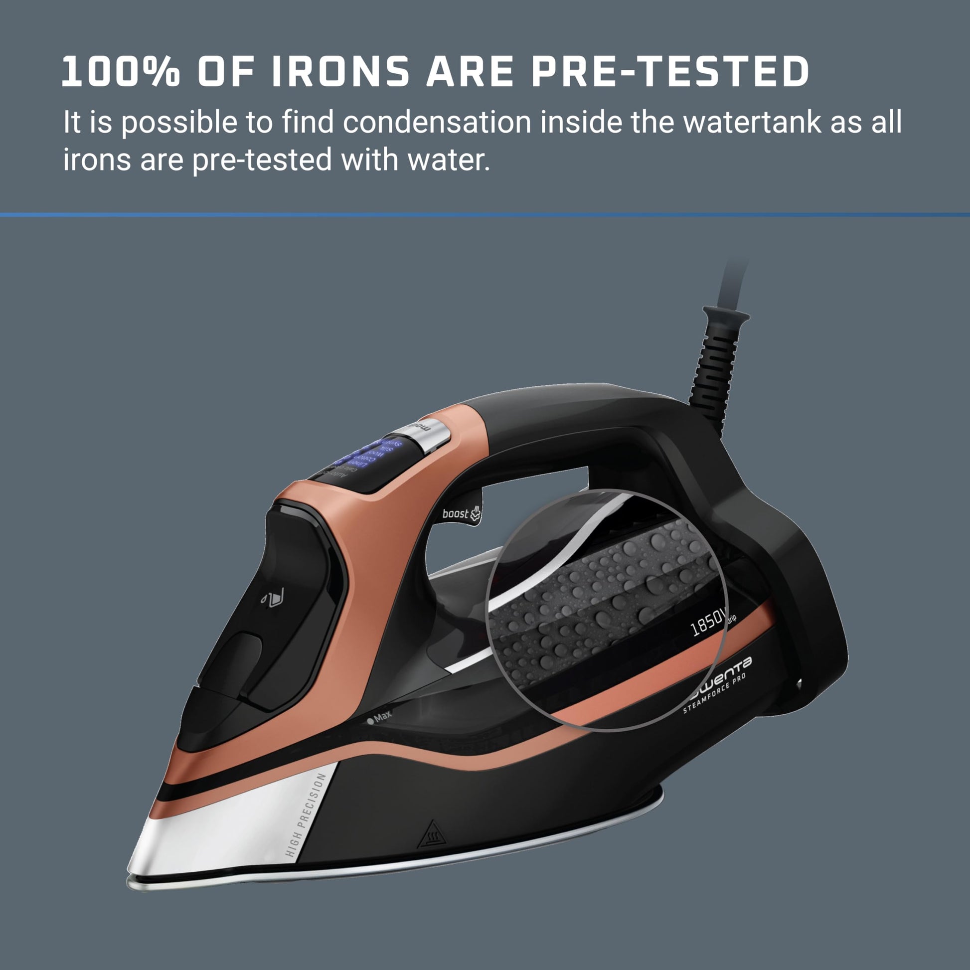 Rowenta Iron - Plancha de vapor Steam Force Pro para ropa, 1850 vatios, 5 presintonías de visualización inteligente, suela de acero inoxidable, planchado de mano de alta eficiencia, cobre negro,