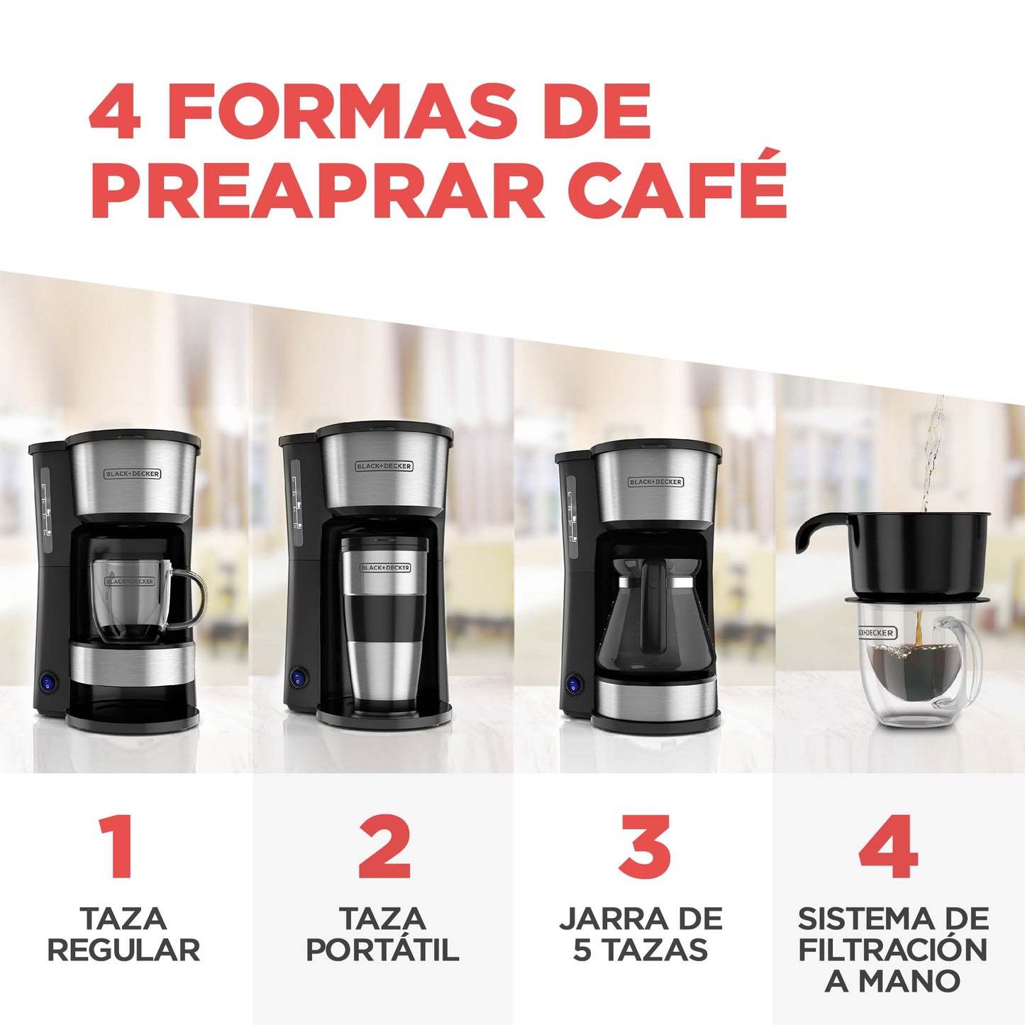 BLACK+DECKER Cafetera 4 en 1, con Vaso Personal y Filtro Permanente con Jarra de Vidrio, 5 Tazas, CM0755S-MX