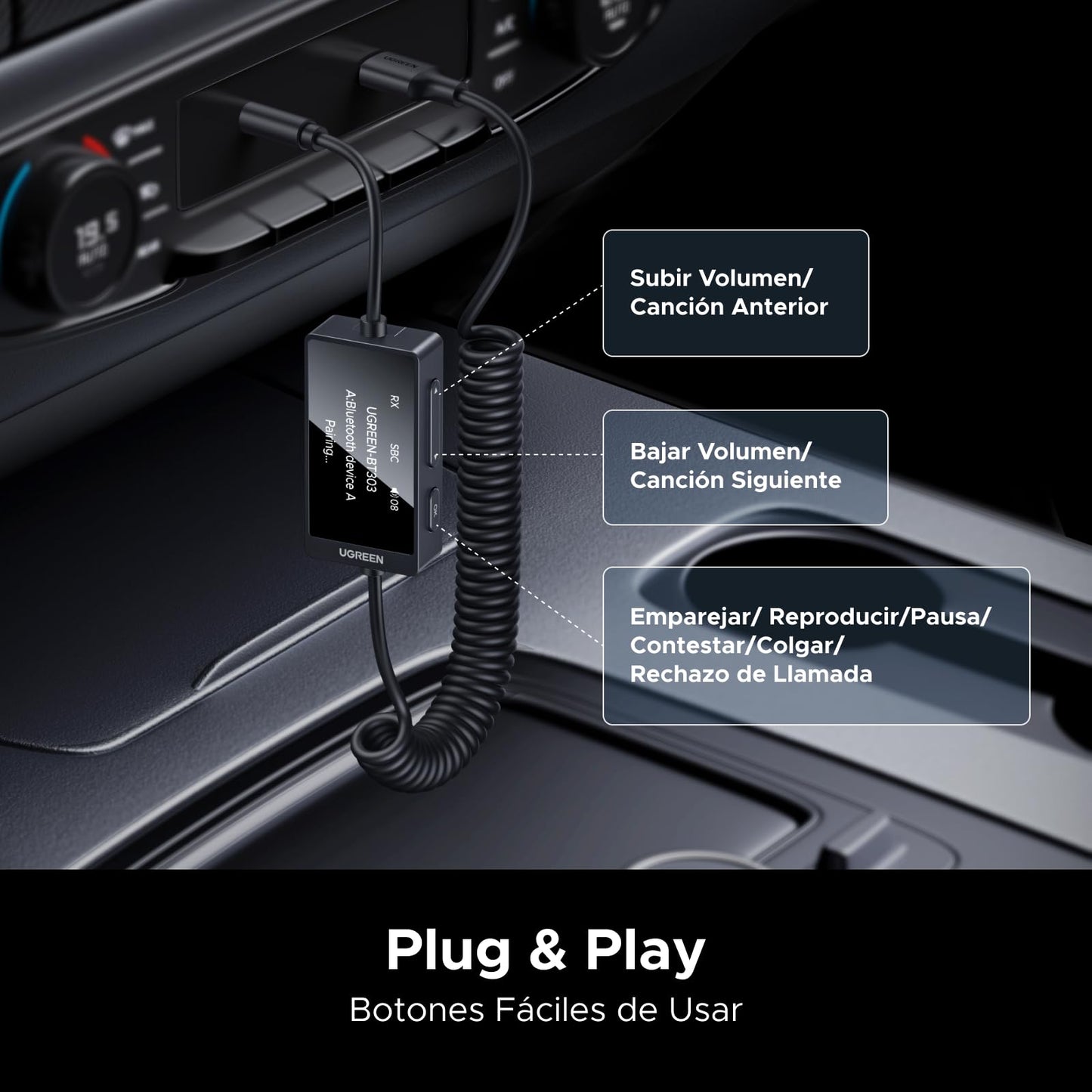 Transmisor Receptor Bluetooth 5.4 UGREEN Negro 2 en 1 para Llamadas Manos Libres y Altavoces de Coche Stereo