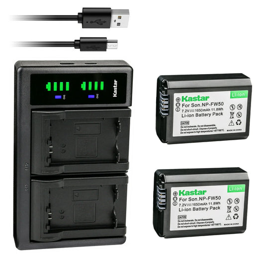 Kastar - Paquete de 2 baterías NP-FW50 y cargador USB LTD2 de repuesto para Sony Alpha α5000, a5000, ILCE-5100, Alpha α5100, a5100, ILCE-6000, Alpha α6000, a6000, ILCE-6100, Alpha α6100, AA 600, y