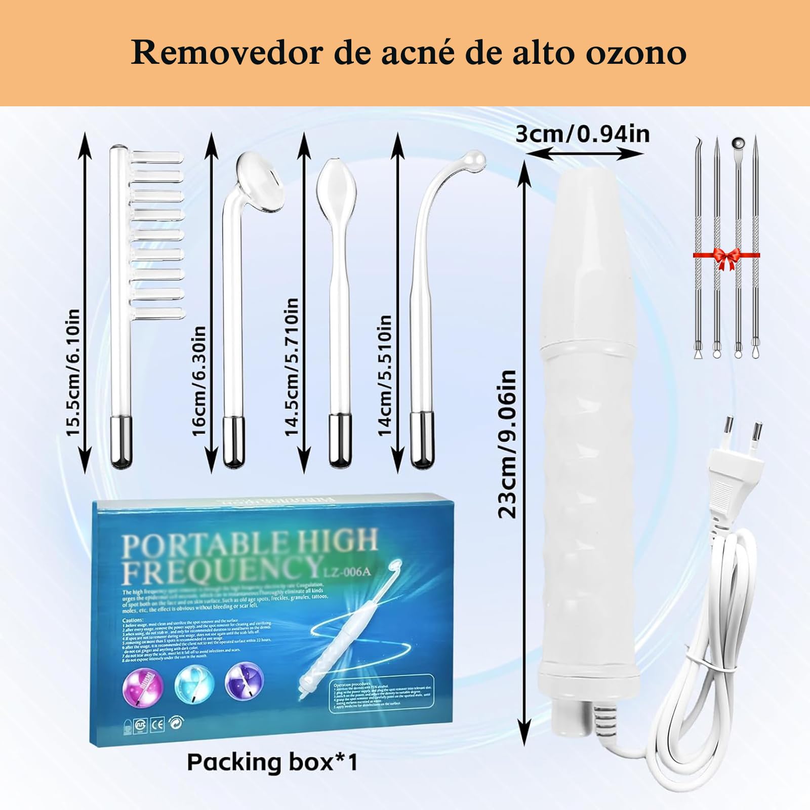 Alta Frecuencia Facial BLANCO con 4 Varitas de Neón para Tratamiento en Casa