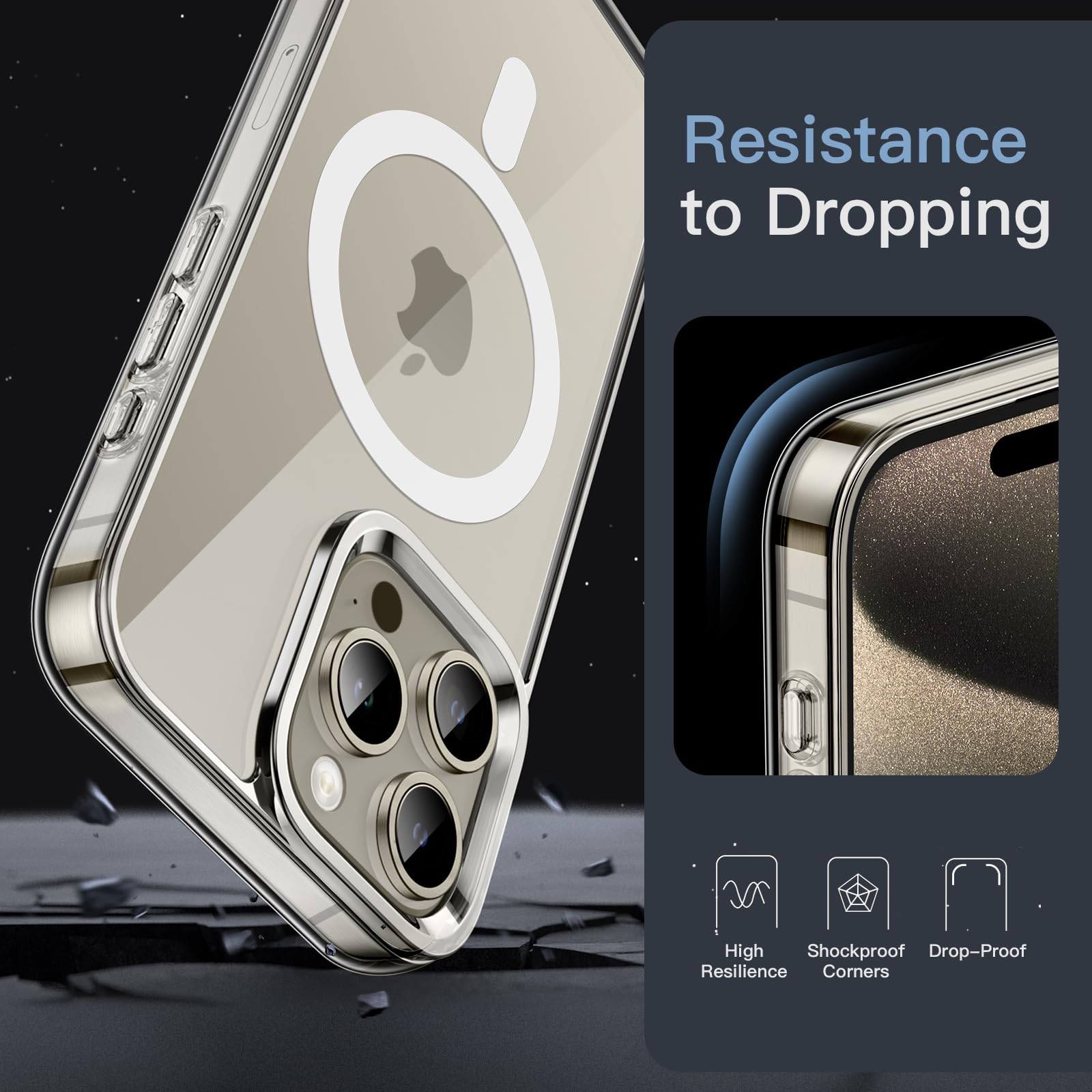 JETech Funda Magnética para iPhone 15 Pro MAX 6.7 Pulgadas, Compatible con MagSafe Carga Inalámbrica, Carcasa Antigolpes, Parte Trasera Transparente Anti-Arañazos (Transparente)