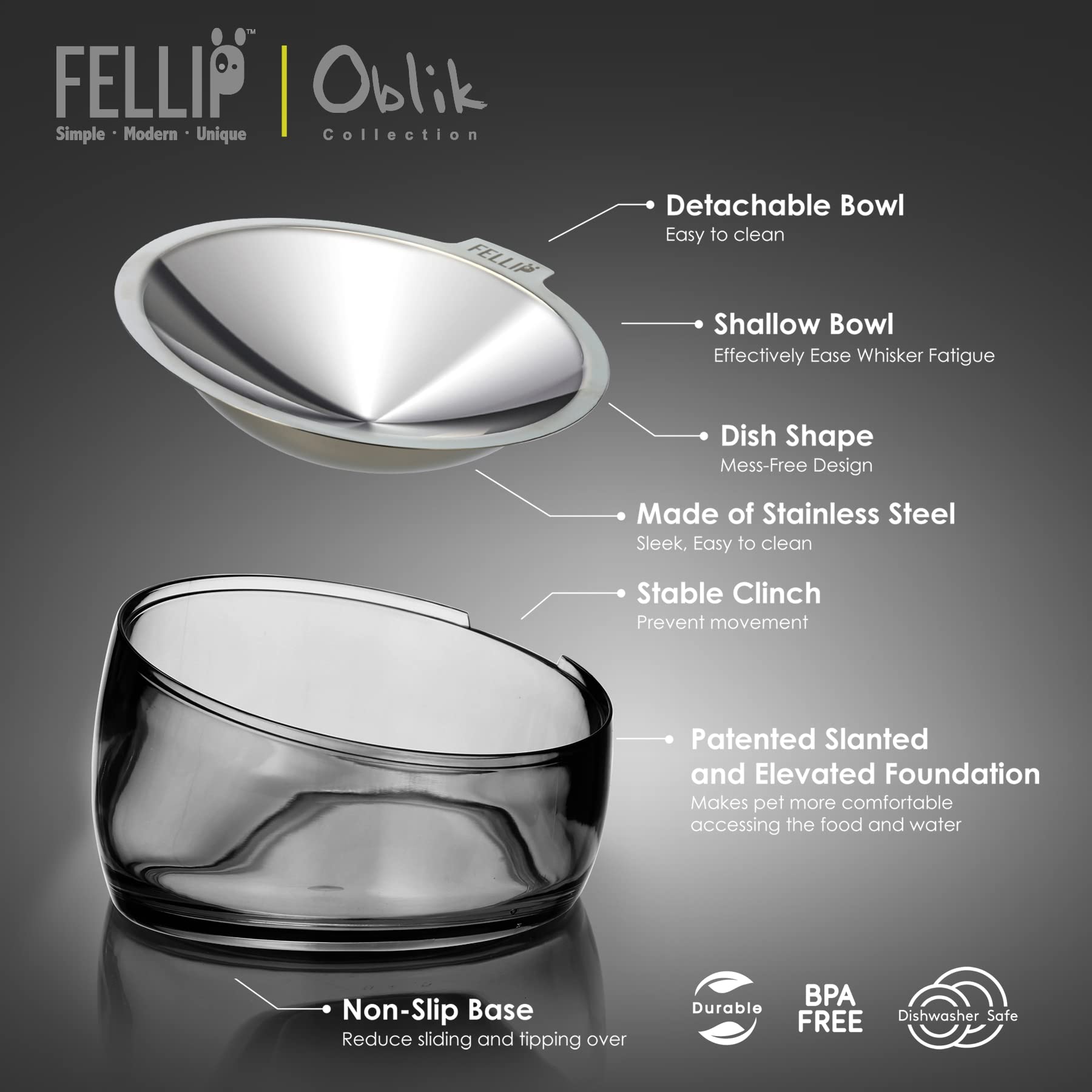 Felli Cuenco elevado para gatos de acero inoxidable inclinado para aliviar la fatiga de los bigotes de mascotas, poco profundo para gatos persas, exóticos, de pelo corto, de cara plana, antideslizante, alimentador para gatos (0.5 tazas, cuarzo ahumado)