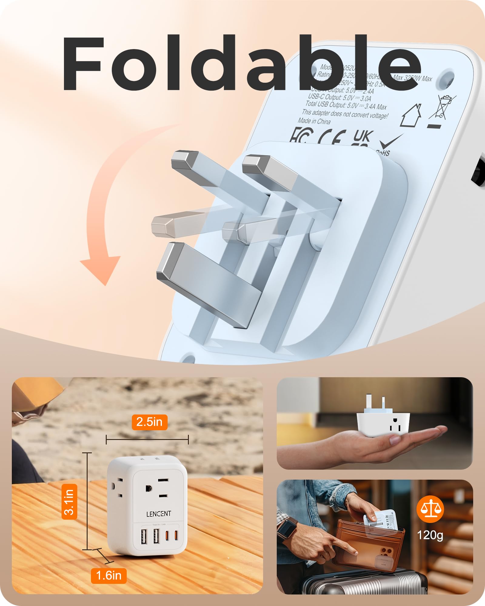 LENCENT Adaptador de Viaje Enchufe UK, Cargador con 4 Salidas CA y 4 Puertos USB (2 USB-C), Convertidor de Enchufe Americano a Inglés Tipo G con Toma de Tierra, para Reino Unido, Irlanda, Hong Kong