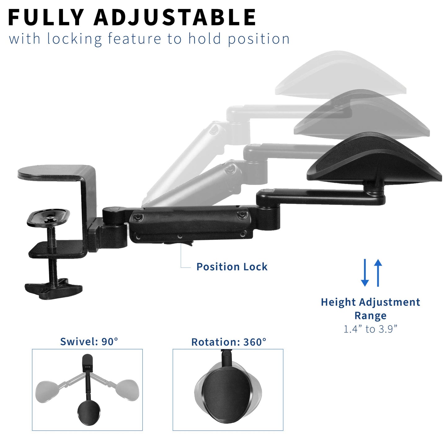 Apoyabrazos Ajustables VIVO Negro con Plataforma Giratoria de 360° Paquete de 2
