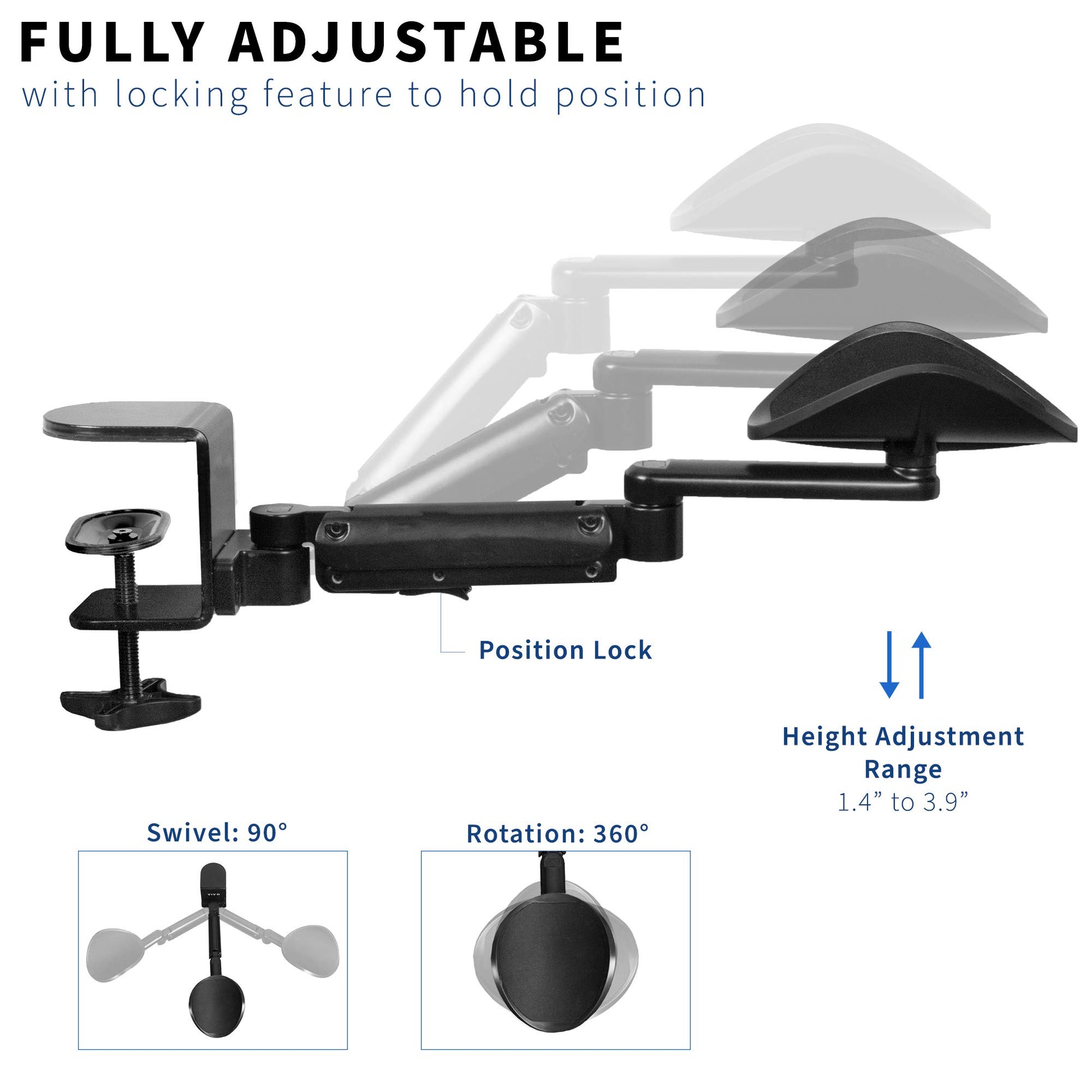 Apoyabrazos Ajustables VIVO Negro con Plataforma Giratoria de 360° Paquete de 2