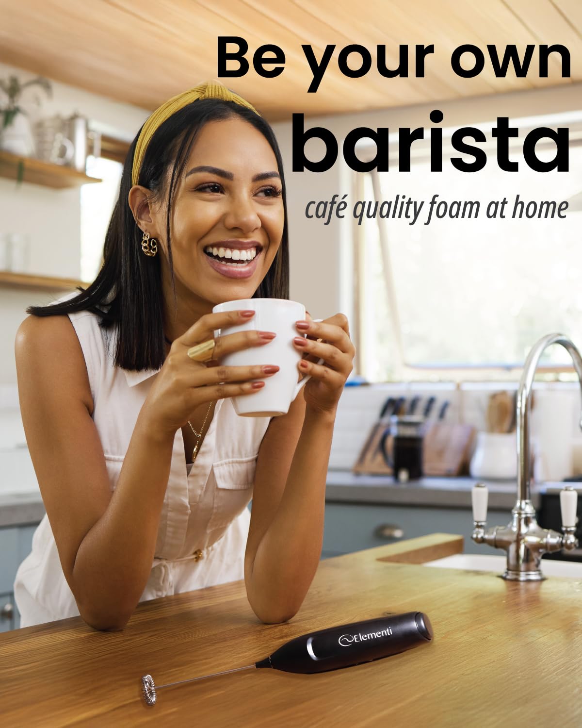 Elementi Potente Vaporizador De Leche Y Batidora De Mano Ligera, Batidor De Matcha para Lattes De Ensueño, Potente Batidora De Café Y Batidora: Prepara Capuchinos Cremosos En Casa (Negro)