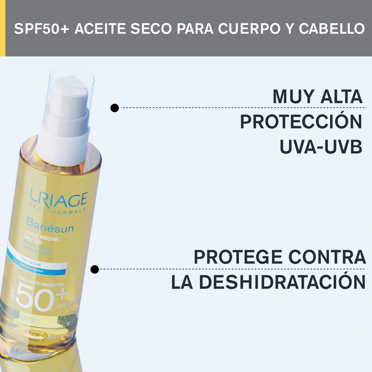 Uriage Bariésun Aceite Solar Seco SPF50+ con Vitamina E 200ml - Protección Muy Alta UVA/UVB y Luz Azul - Para el Cabello y el Cuerpo - Ultra Resistente al Agua - Tacto Seco y Acabado Satinado - Fragancia Delicada - Sin Alcohol