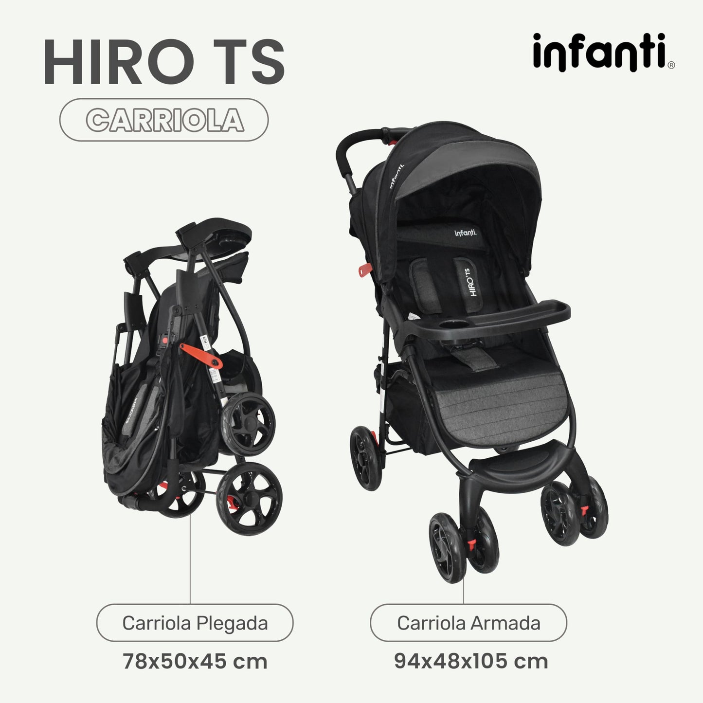 INFANTI | Carriola para Bebe HIRO TS | Carriola de Viaje y Portabebe | Travel System - Cosas para Bebes hasta 22kg | Asiento para Bebé - Autoasientos para Bebe Ligera con Arnés de Seguridad (Black)