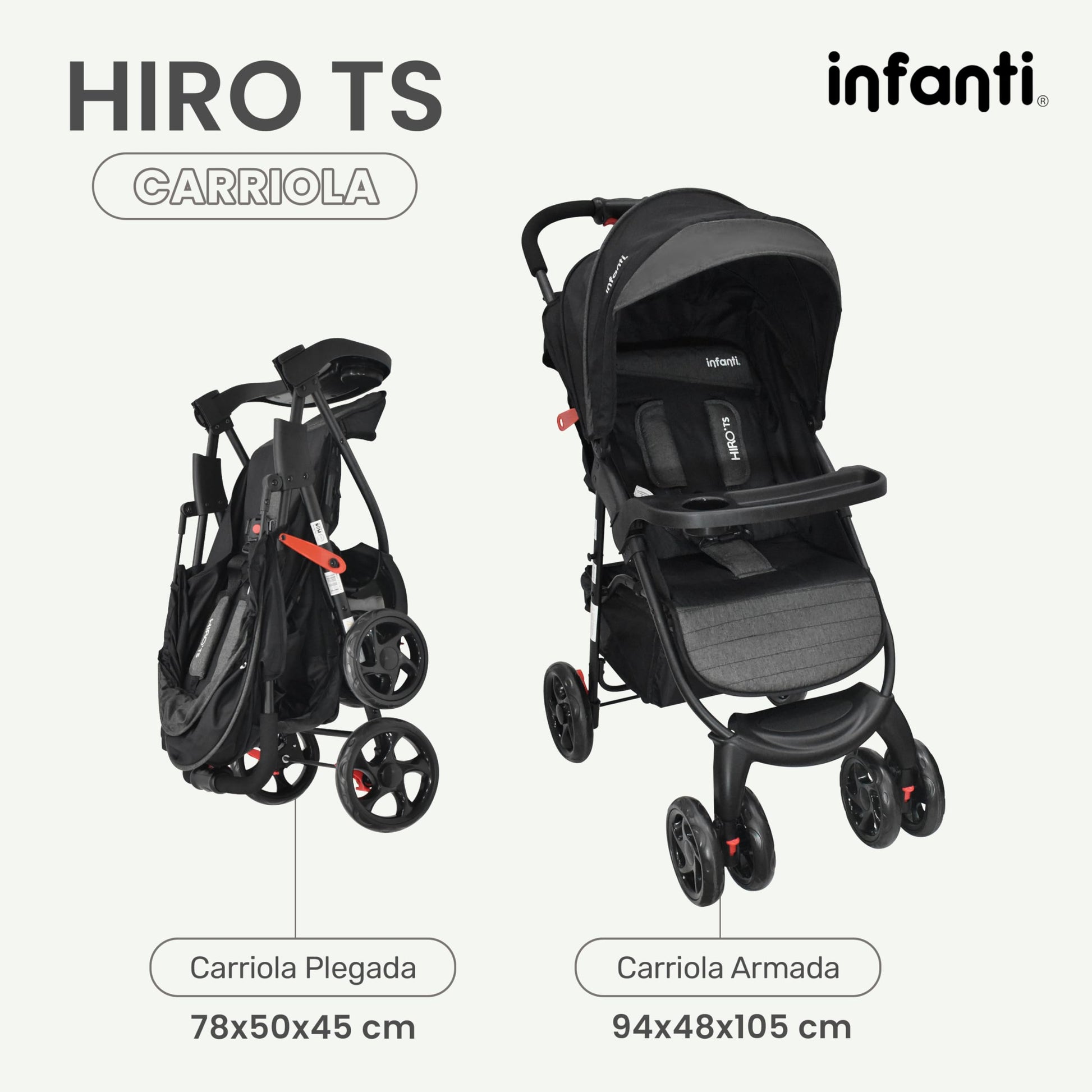 INFANTI | Carriola para Bebe HIRO TS | Carriola de Viaje y Portabebe | Travel System - Cosas para Bebes hasta 22kg | Asiento para Bebé - Autoasientos para Bebe Ligera con Arnés de Seguridad (Black)
