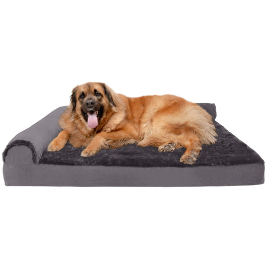Furhaven XXL Orthopedic Dog Bed Plush & Velvet L Shaped Chaise w/Removable Washable Cover - Platinum Gray, Jumbo Plus (XX-Large)