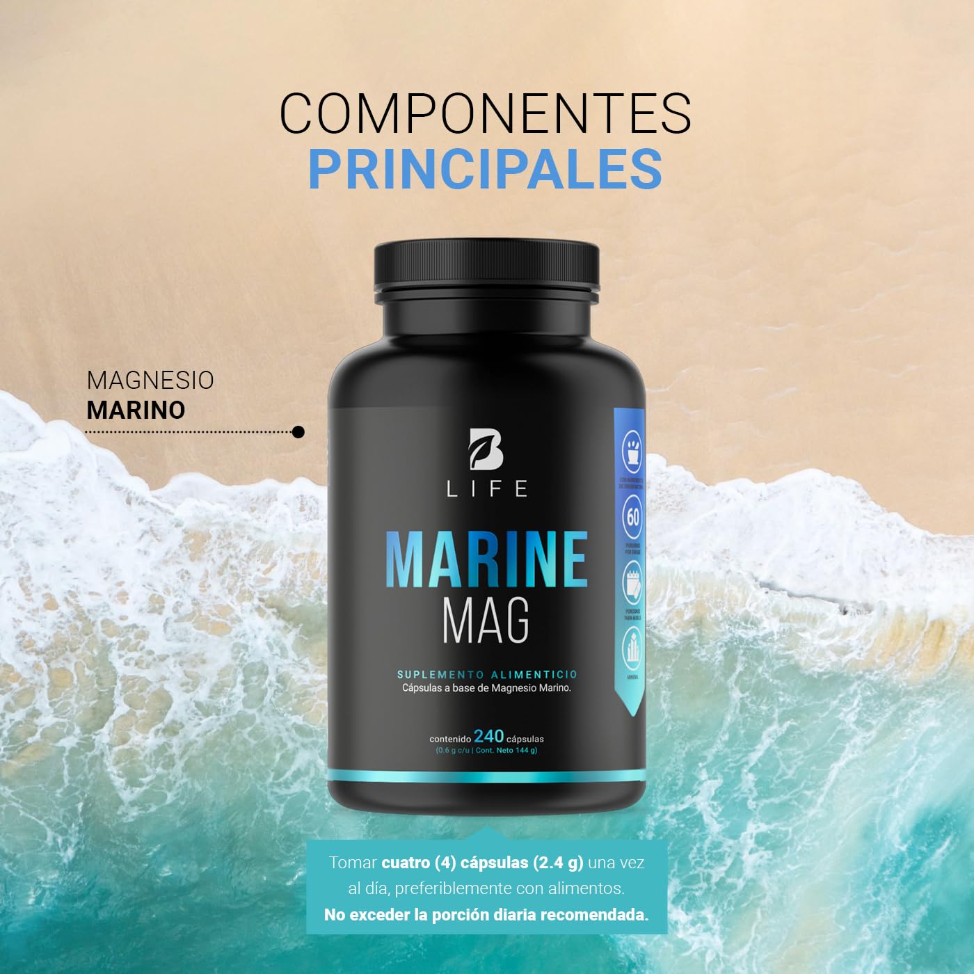 Magnesio Marino de 240 Cápsulas. Ingredientes naturales. Alta biodisponibilidad y absorción. Marine Mag B Life.