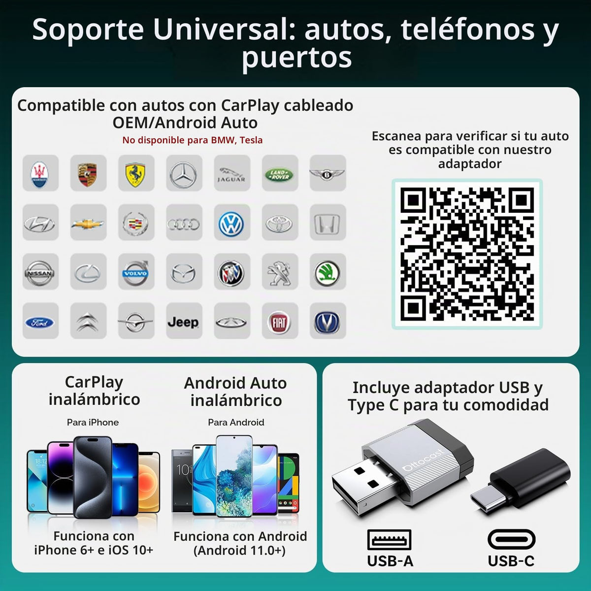 Adaptador Automático Inalámbrico Ottocast Mini Nova 2 en 1 con Reconexión Rápida y Diseño Compacto para Iphone Ios 10+