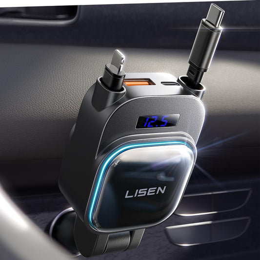 LISEN 96W Cargador de Auto Retráctil [2025 Actualizado] 4 en 1, Cargador de Coche USB C con iPhone Cable&30W Cable USB C, para iPhone 16/15/14, Galaxy S25/S24/S23 Ultra, Xiaomi, iPad Mini