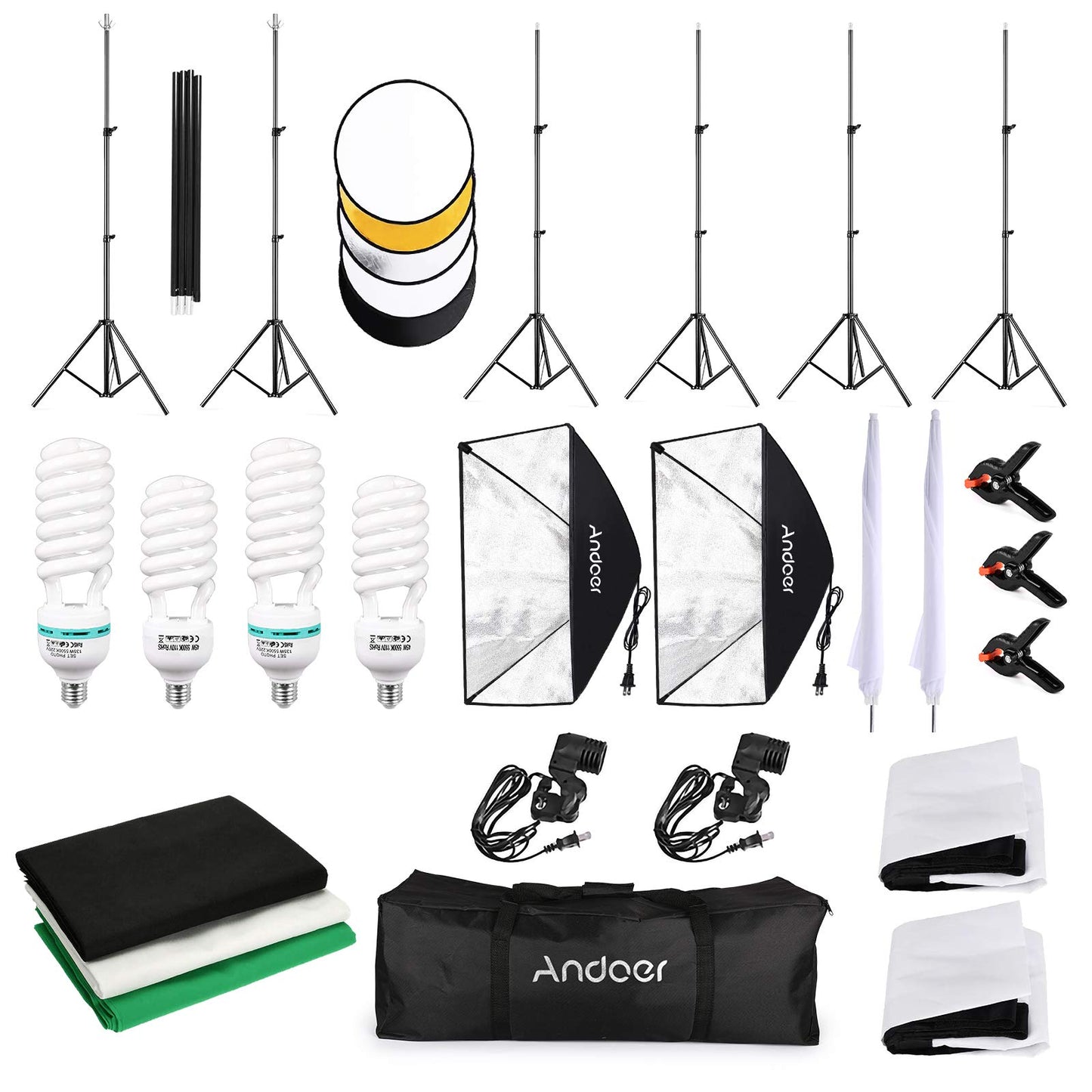 Photography Kit 1.8 * 2.7m Camara para Grabar Videos de Verde Blanco Negro 3pcs en Forma de Pez 1pc 60cm 5in1 Reflector de Fotografía 2pcs 33 Pulgadas Paraguas de Luz Blanca Suave fotografia