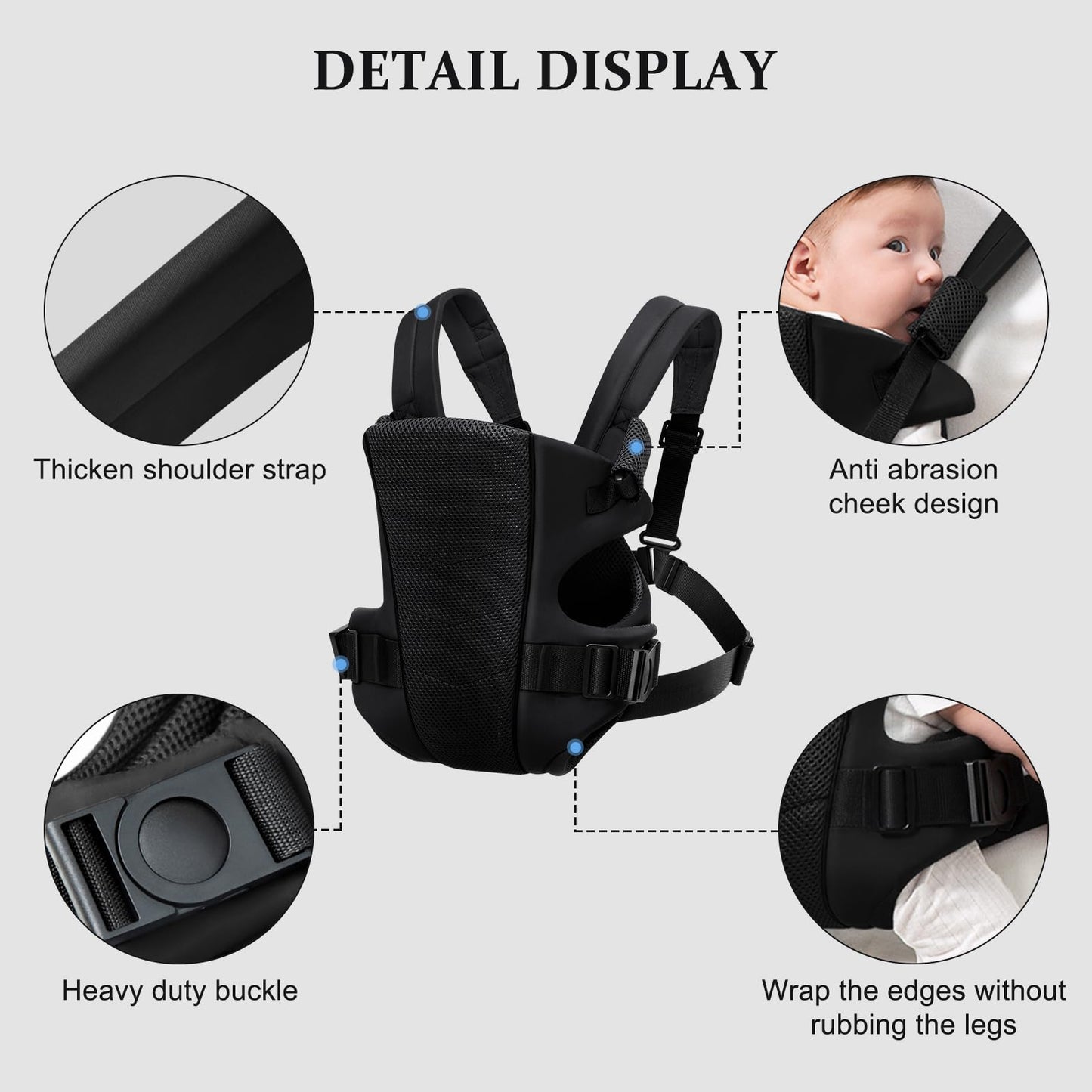 Ocanoiy - Portabebés transpirable, soporte de bebé ajustable, soporte ergonómico para bebés pequeños, orientado hacia adentro, hacia afuera y posiciones de transporte de espalda soportadas (negro)