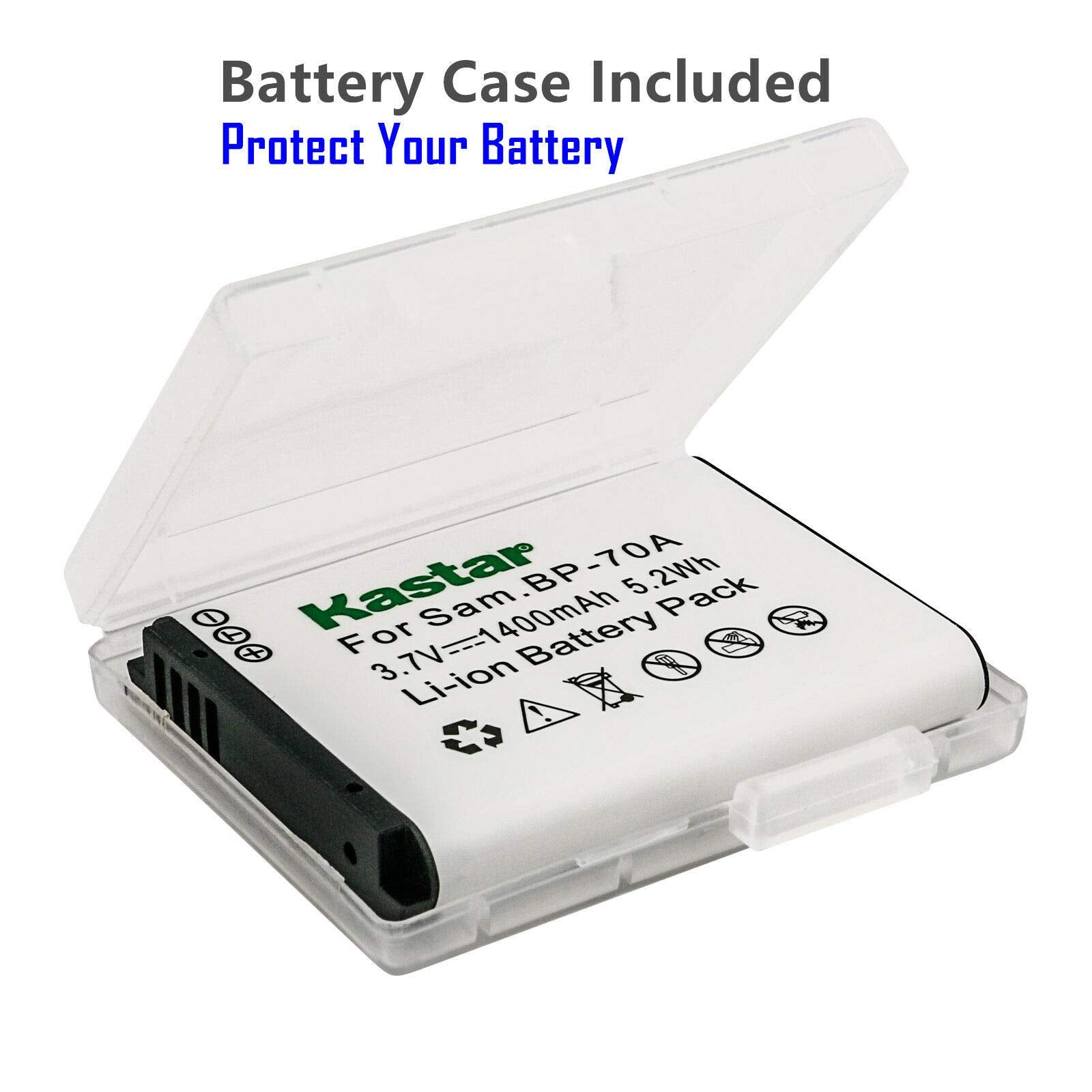 Kastar - Paquete de 1 batería BP-70A y cargador de pared de CA de repuesto para batería Samsung BP-70A BP70A, Samsung ST95, ST96, ST6500, TL105, TL110, TL125, TL205, WB30F, WB31F, WB32F, WB35F